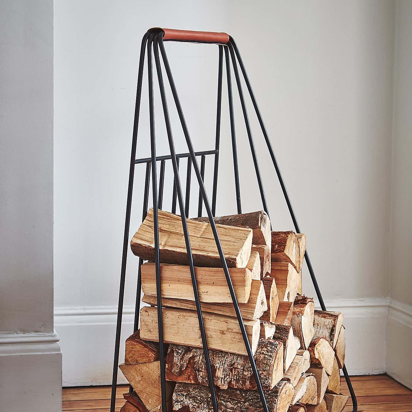 Contemporary Leather Handle Log Trolley