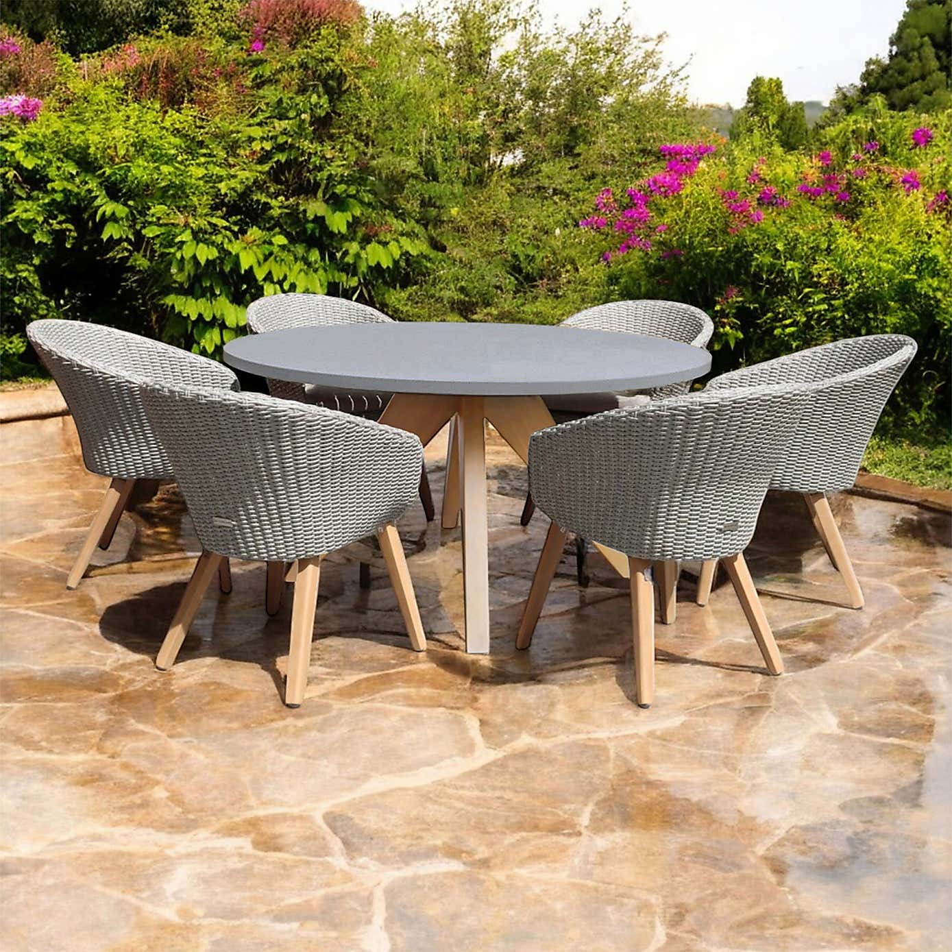 A.Mir Luna Round Outdoor Concrete Dining Table with 6 Sol Dining Chairs