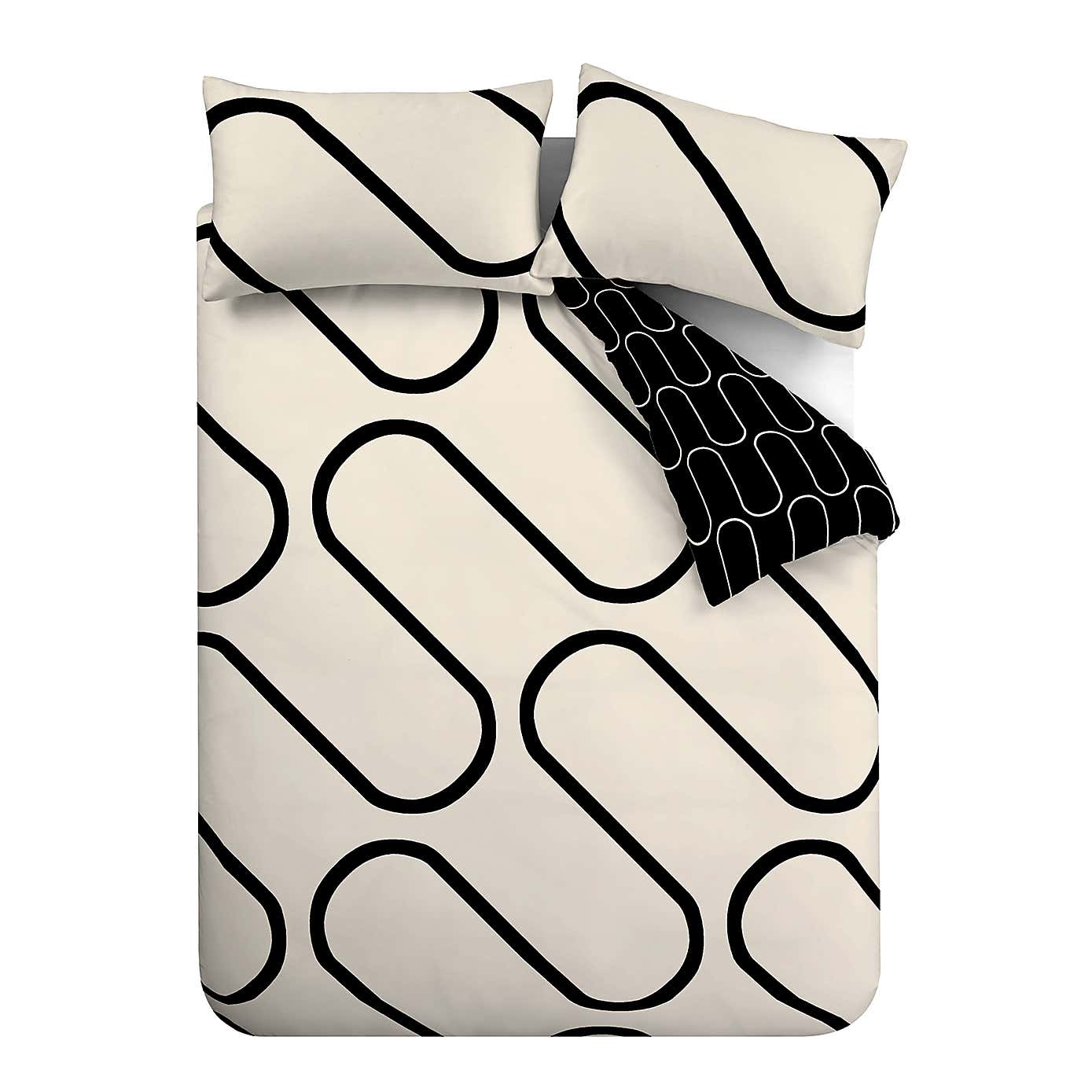 Catherine Lansfield Linear Curve Geometric Black Reversible Duvet Cover & Pillowcase Set