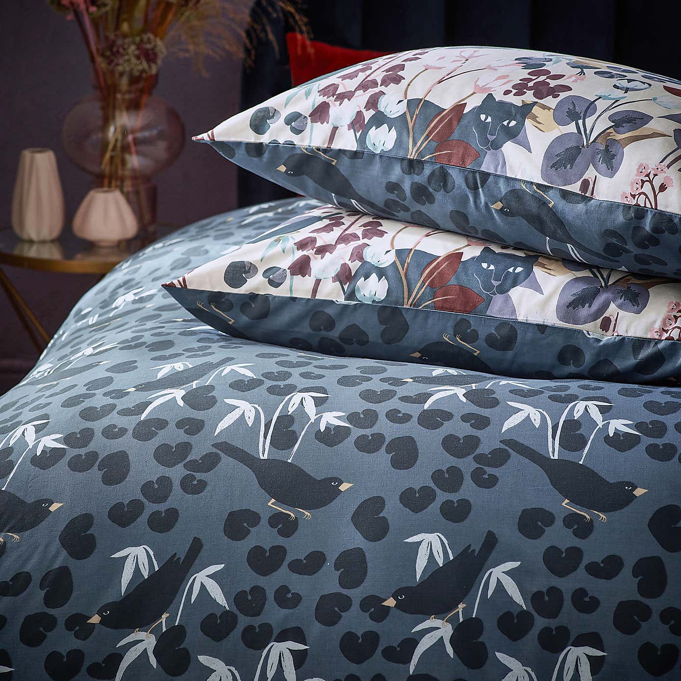 furn. Midnight Panther Duvet Cover Set Dusky Blue