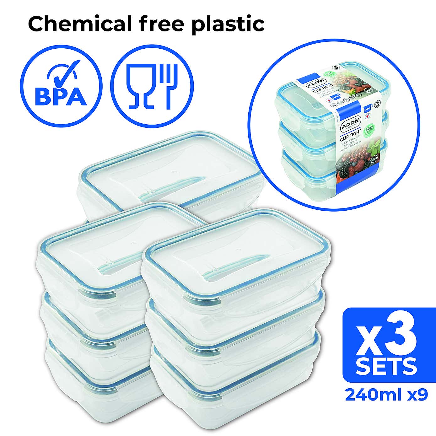 ADDIS 3 Sets of 3 Rectangular 0.24L Clip Tight Storage Containers
