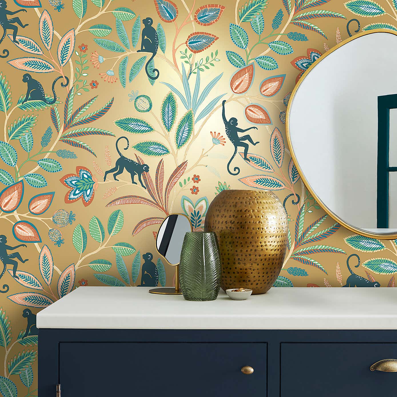 Monkey Walk Ochre Wallpaper