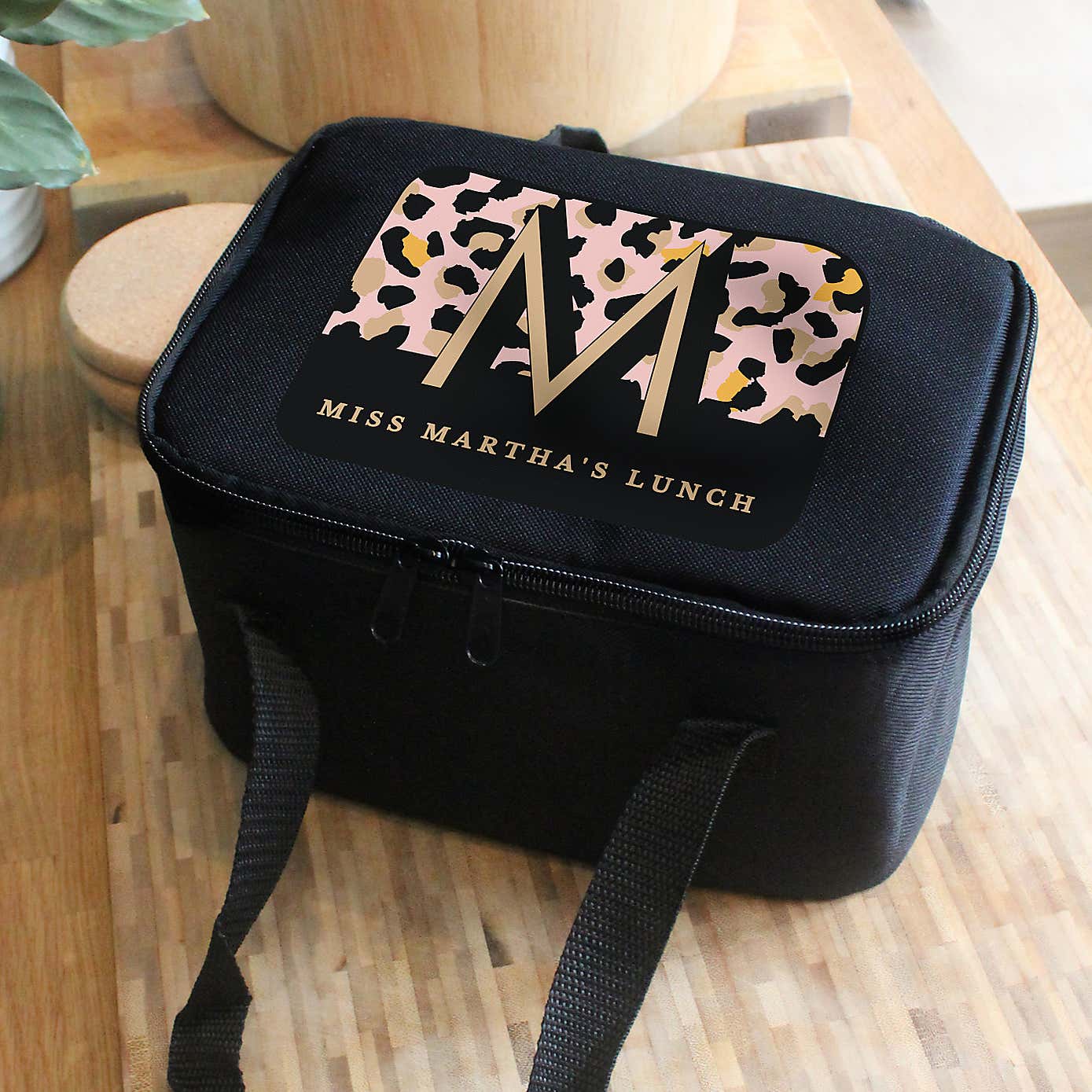 Personalised Black Leopard Print Lunch Bag