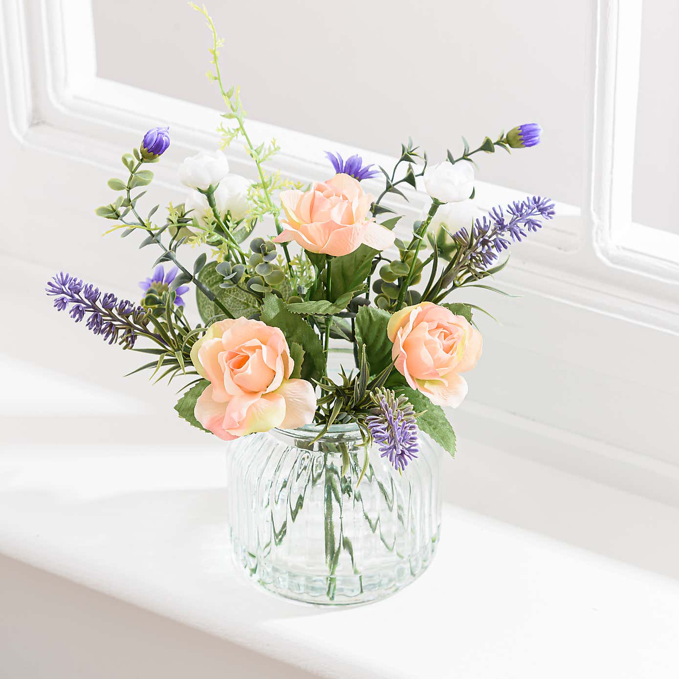 Artificial Rose and Lavender Bouquet in Glass Vase