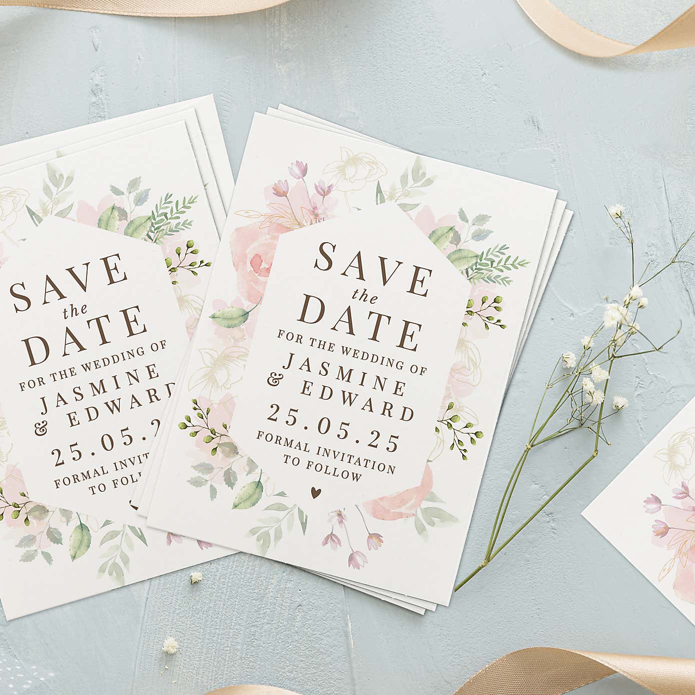 Pack of 36 Personalised Soft Floral Save the Date Cards