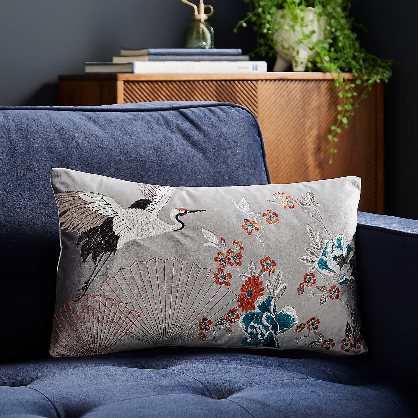 Embroidered Crane Silver Cushion Cover