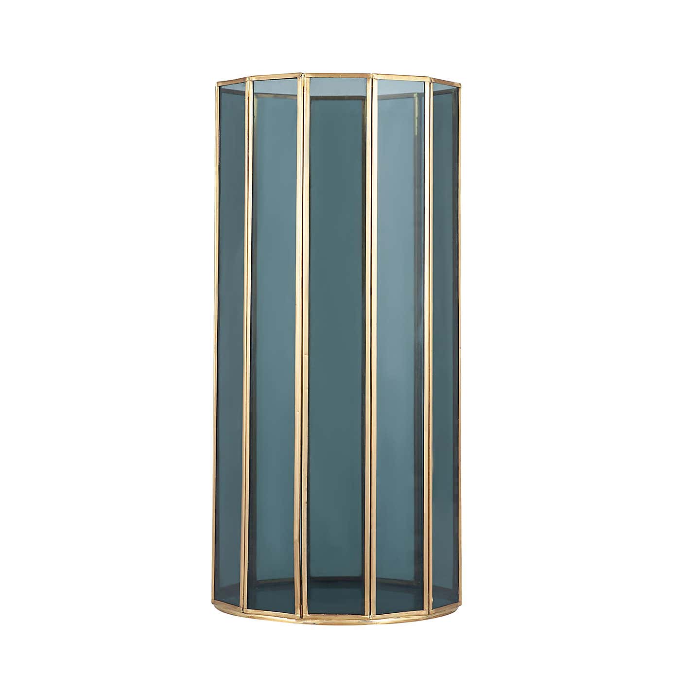 Brass & Smoked Glass Panelled Hurricane Candle Holder