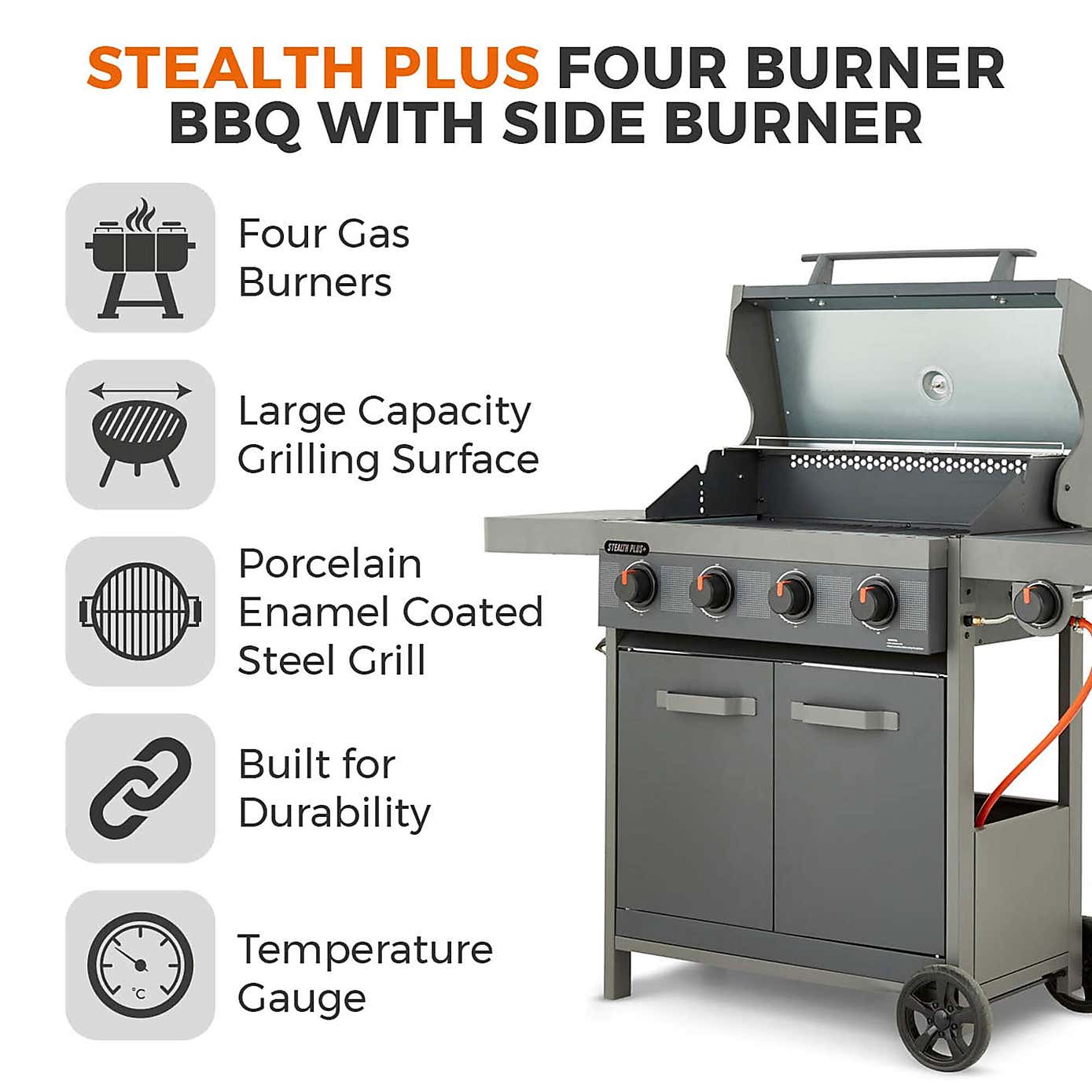 Tower Stealth Plus Four Burner Gas BBQ with Side Burner, Black Steel