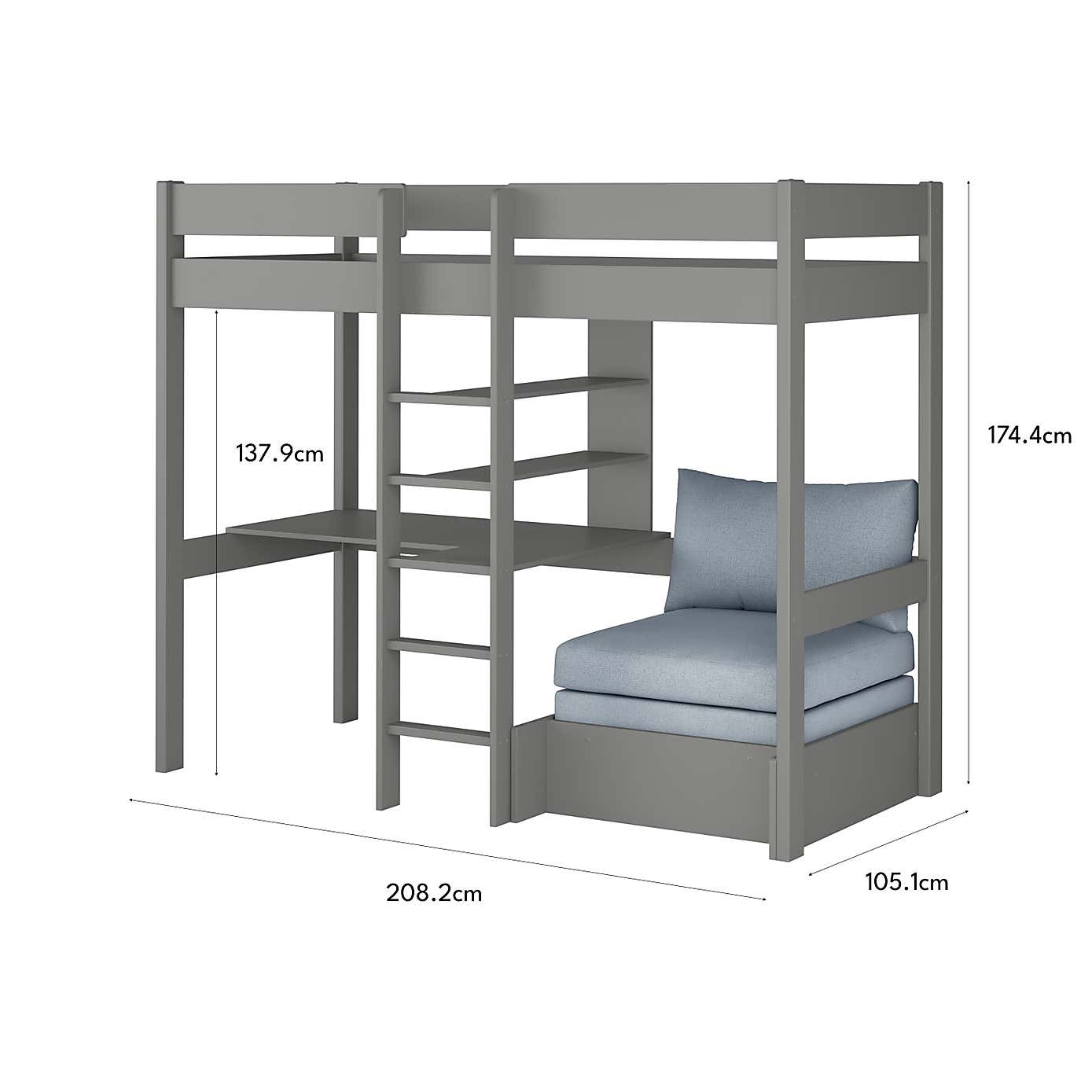 Stompa Uno Highsleeper With Chair Bed And Cushion Set, Pine