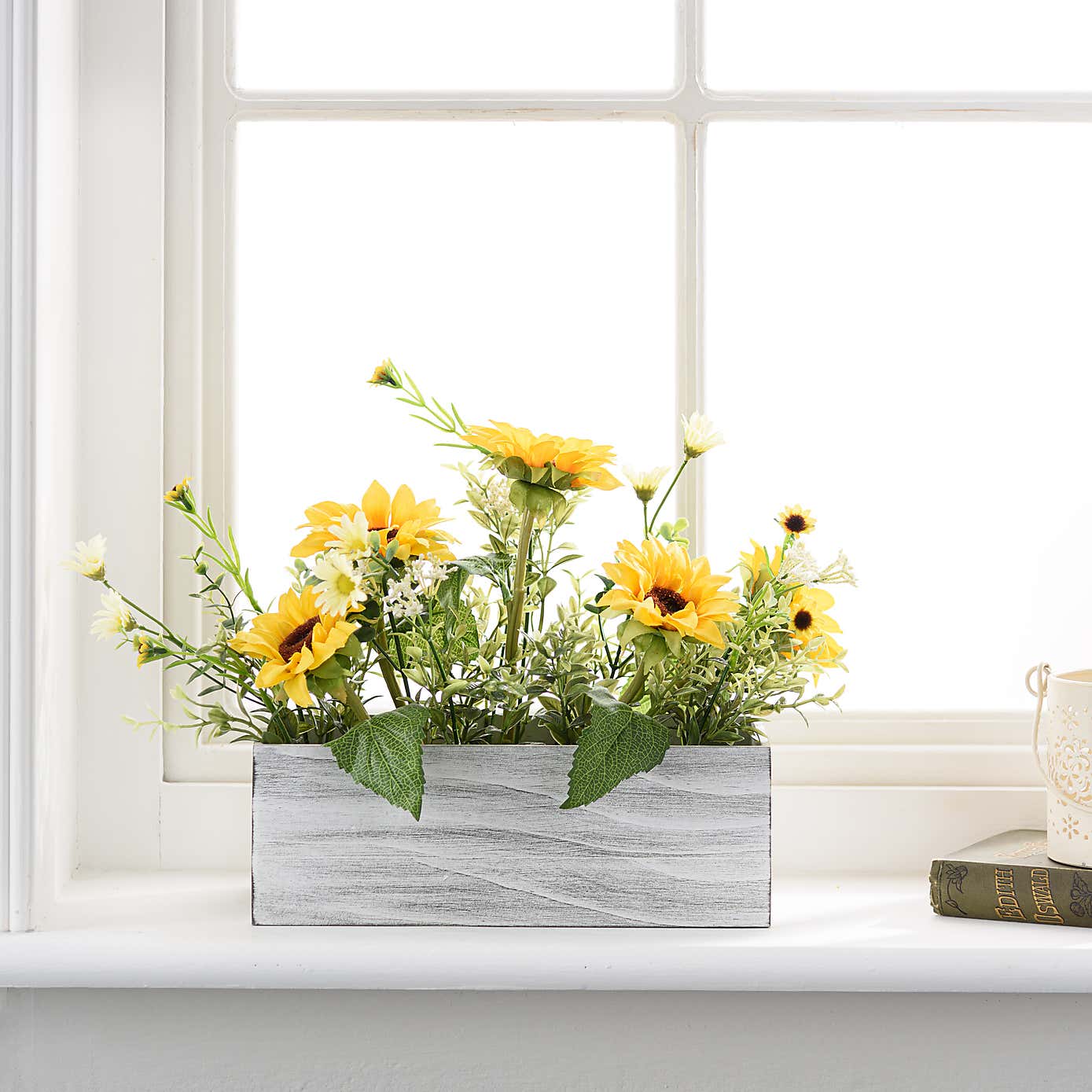 Artificial Sunflower Bouquet in Wooden Plant Pot