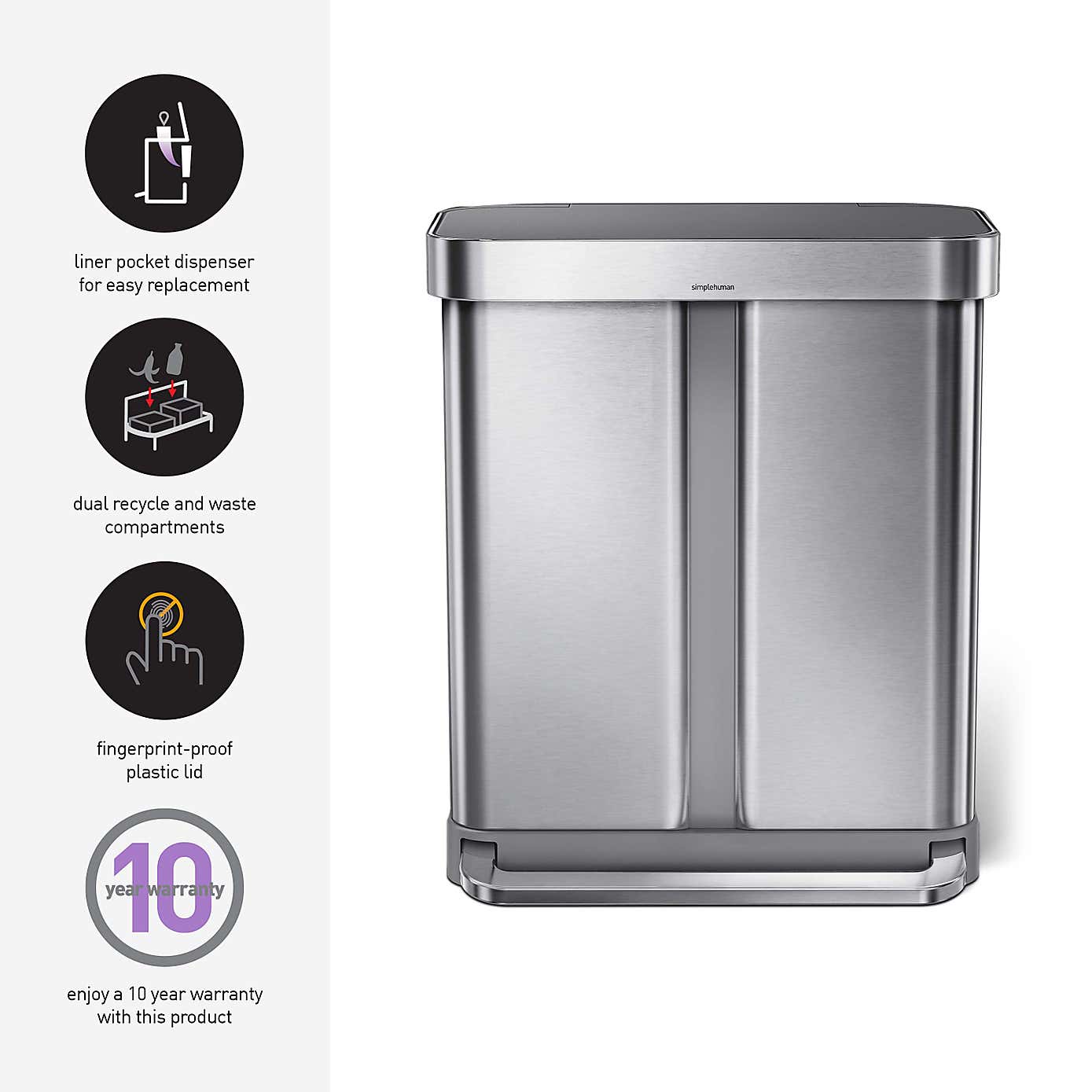 Simplehuman Dual Rectangle 58L Pedal Bin