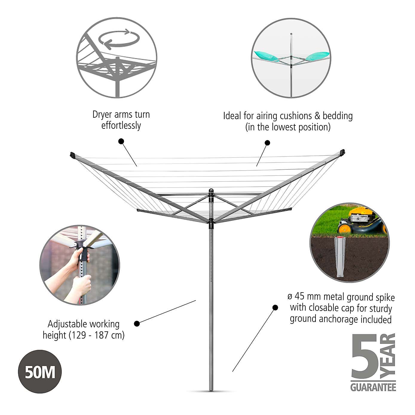 Brabantia 50 Metre 4 Arm Liftomatic Rotary Washing Line with Ground Spike