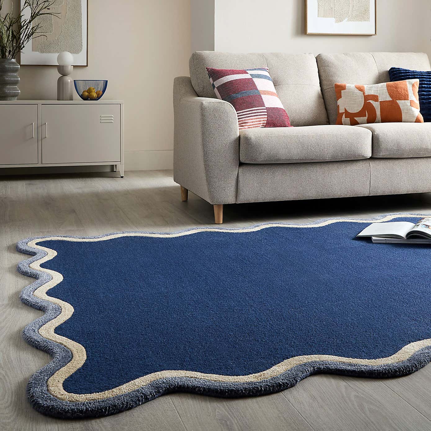 Azure Wave Border Wool Rug