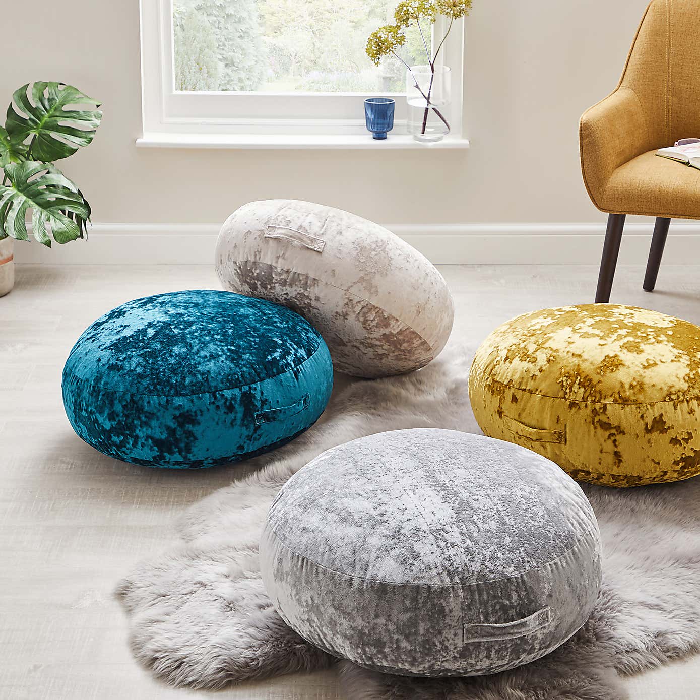Crushed Velvet Ochre Floor Cushion