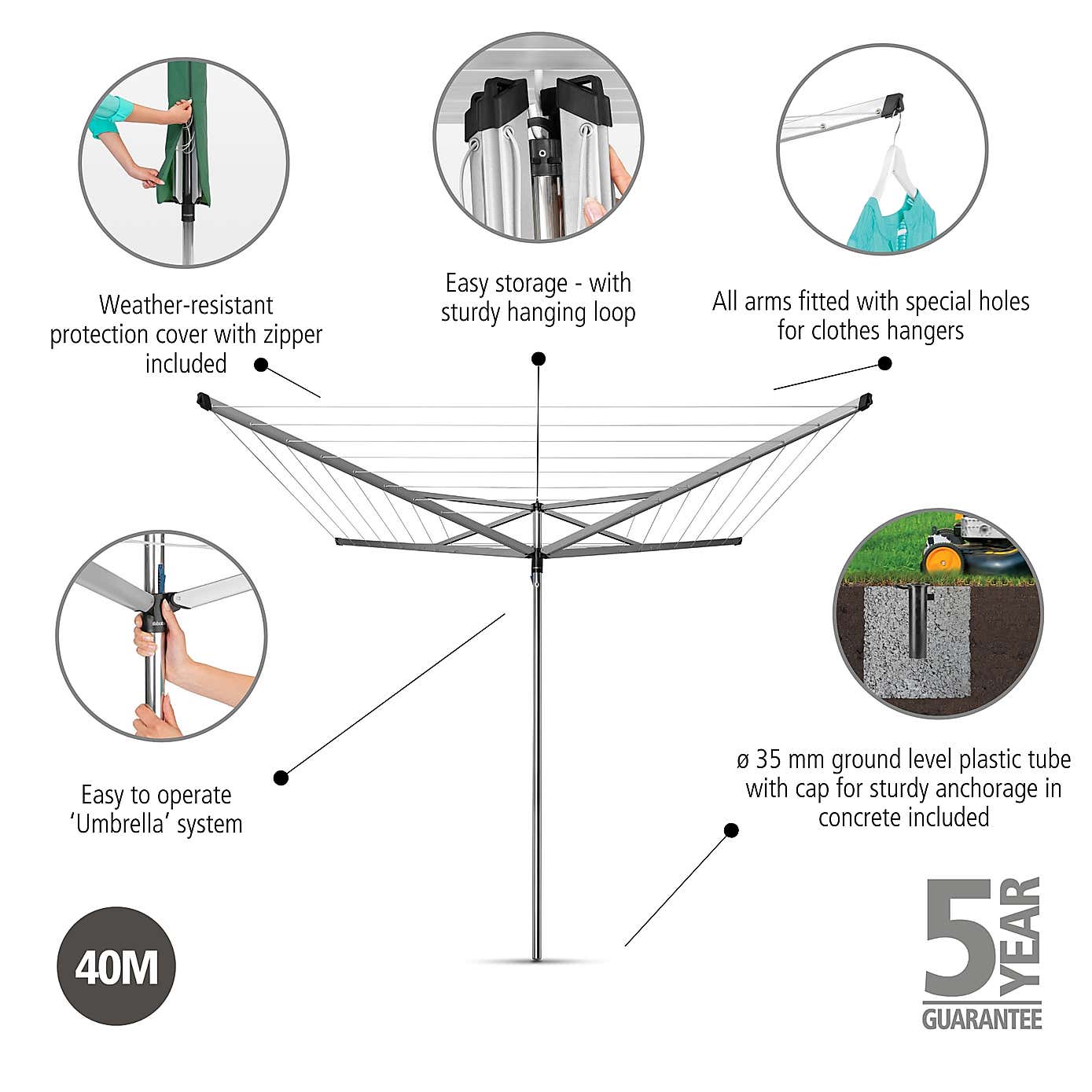 Brabantia 40 Metre 4 Arm Compact Rotary Washing Line with Free Cover