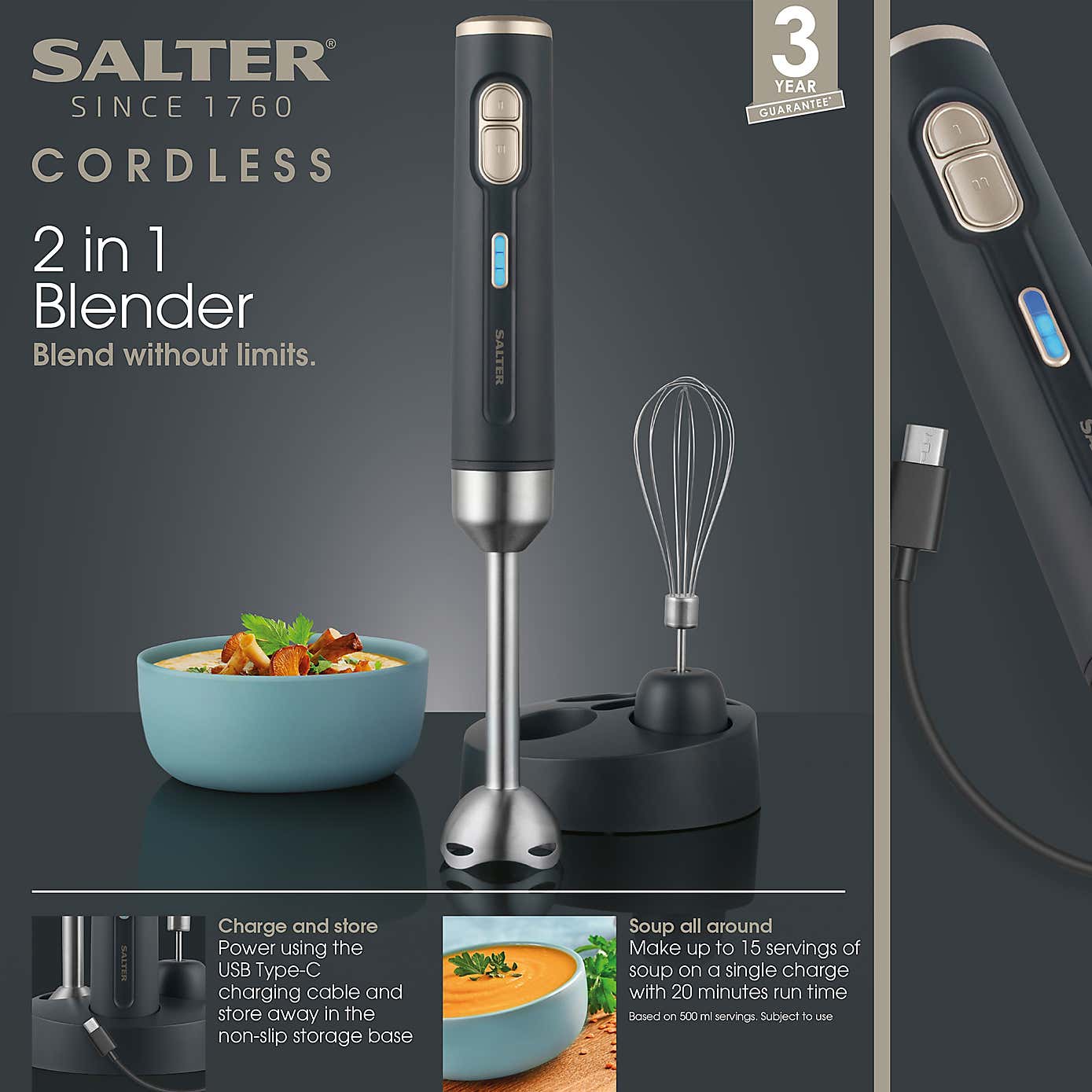 Salter Cordless 2 in 1 Blender Grey
