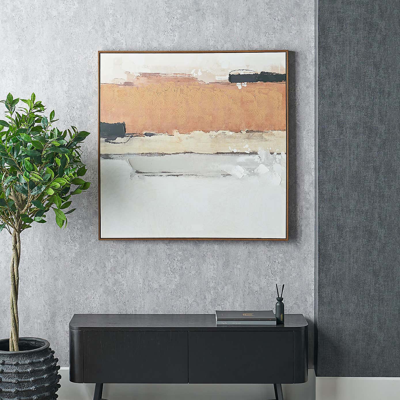 White & Terracotta Abstract Oak Effect Framed Canvas