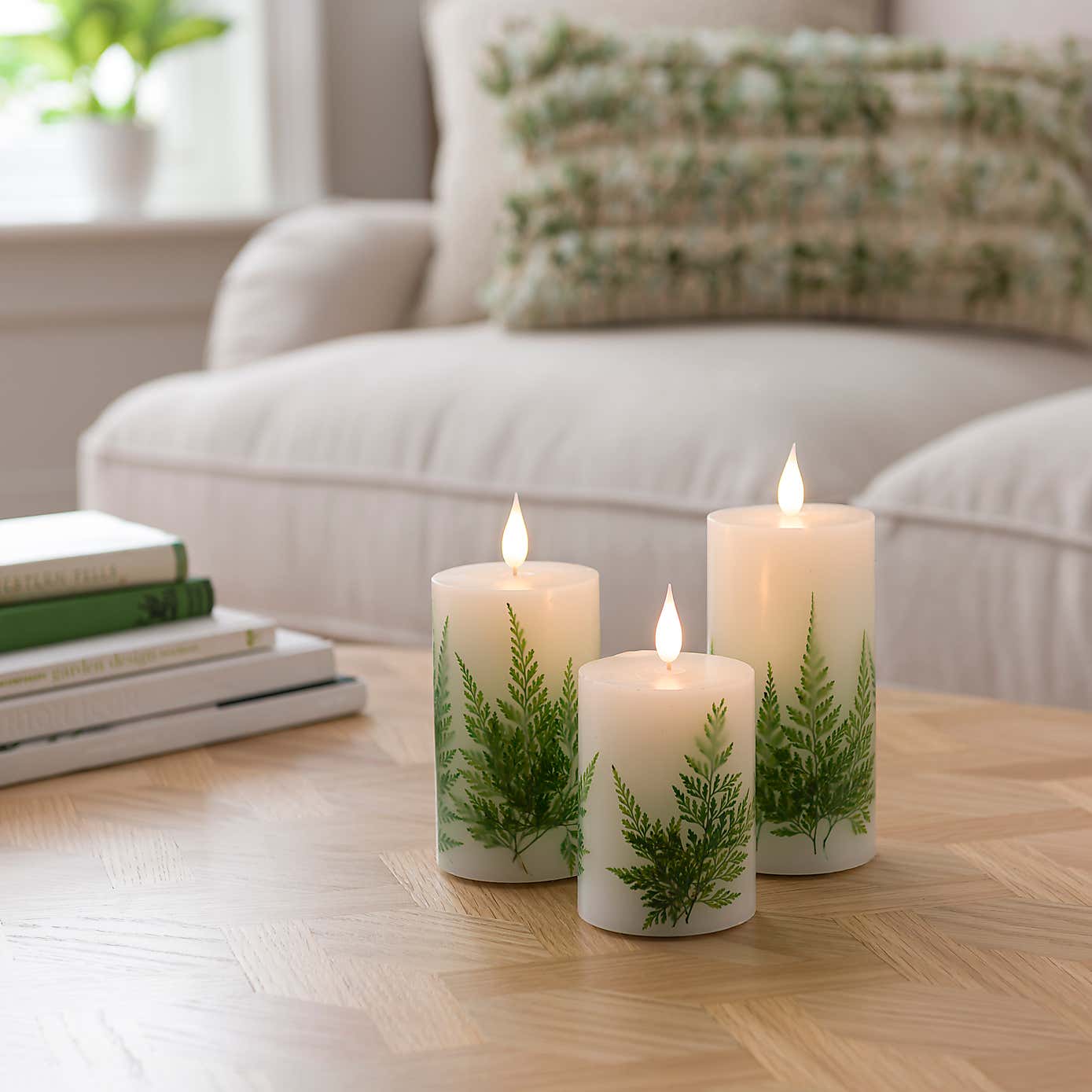 Set of 3 LED Fern Pillar Candles