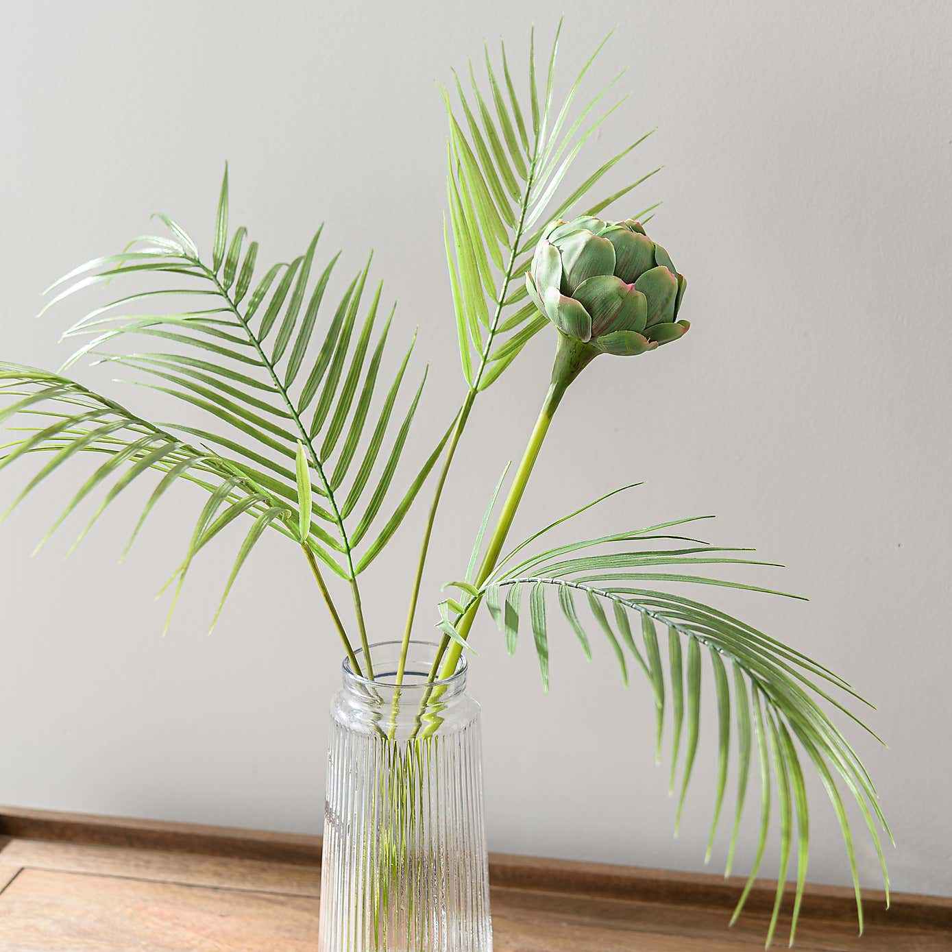 Artificial Protea and Palm Leaf Bouquet in Glass Vase