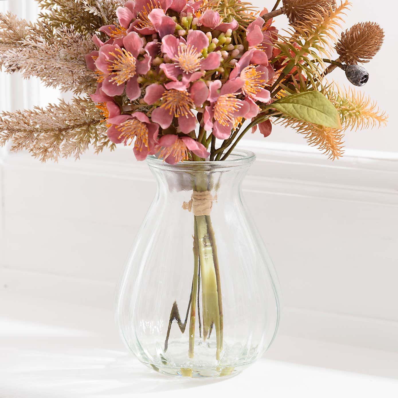 Artificial Dried Pink Hydrangea and Pampas Bouquet in Glass Vase