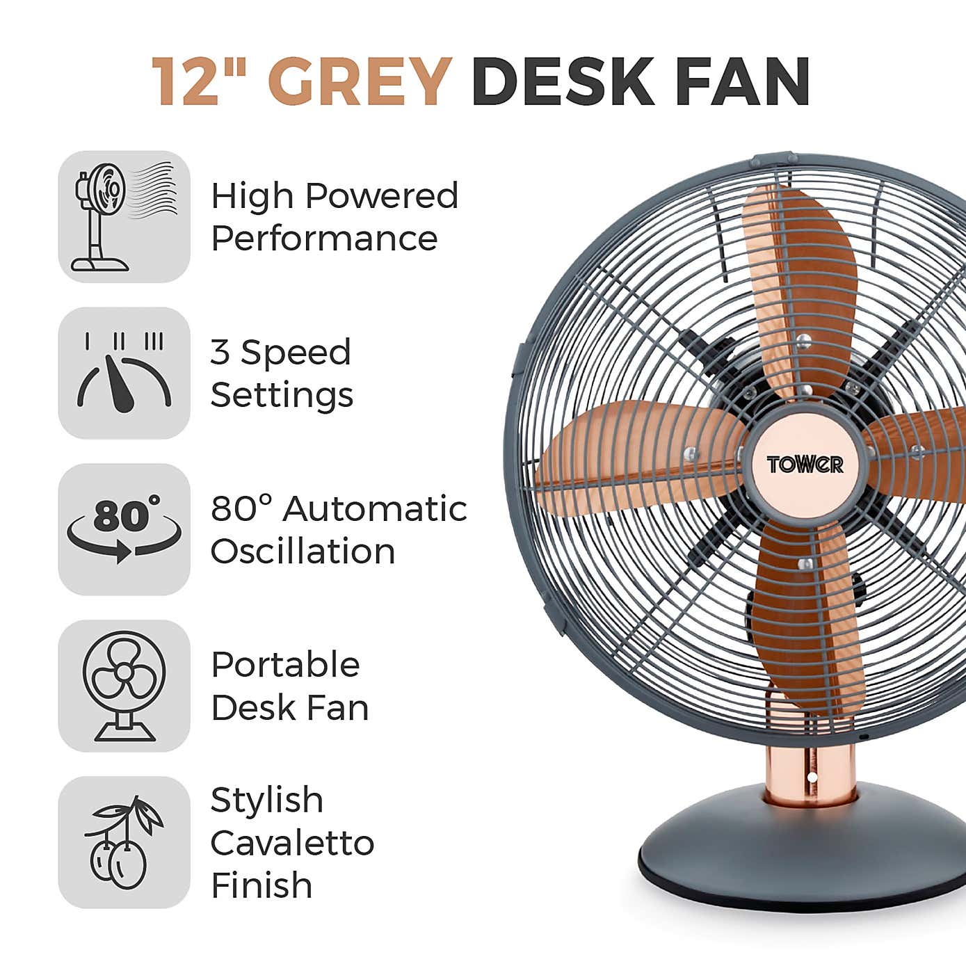 Tower Cavaletto 12" Rose Gold Desk Fan