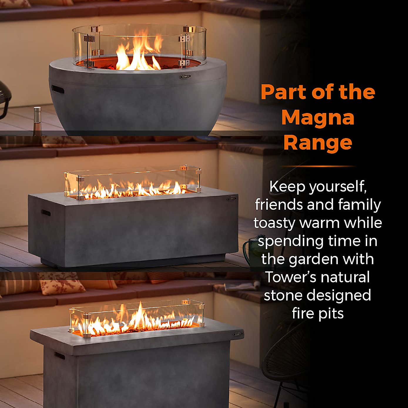 Tower Magna Round Gas Fire Pit, Grey