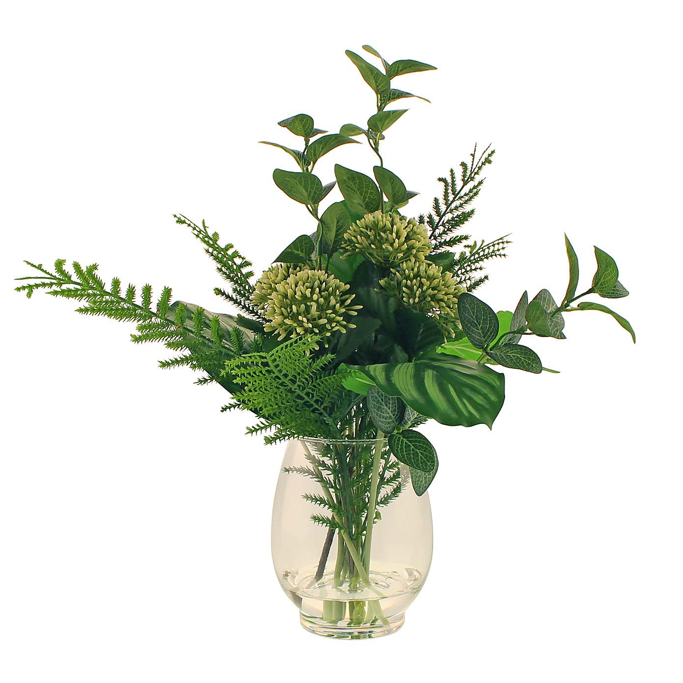 Artificial Allium and Foliage Bouquet in Glass Vase