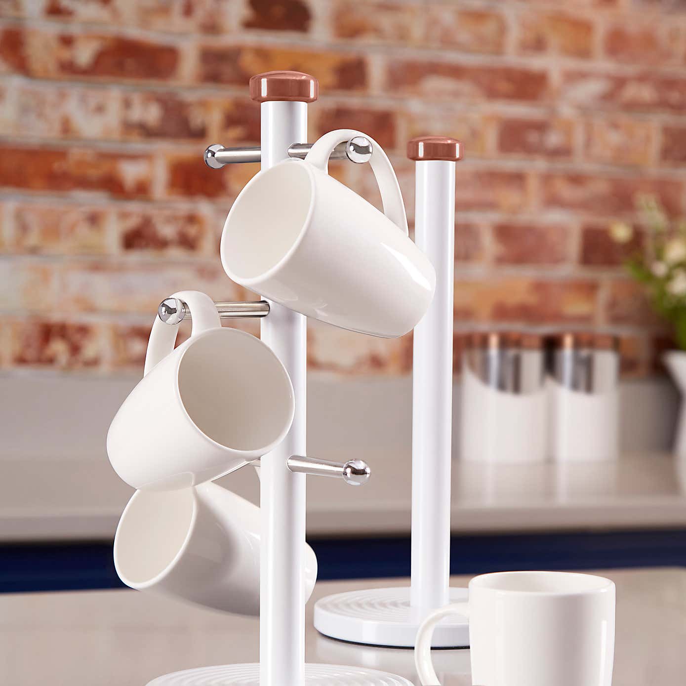 Linear White and Rose Gold Mug Tree and Kitchen Roll Holder Set