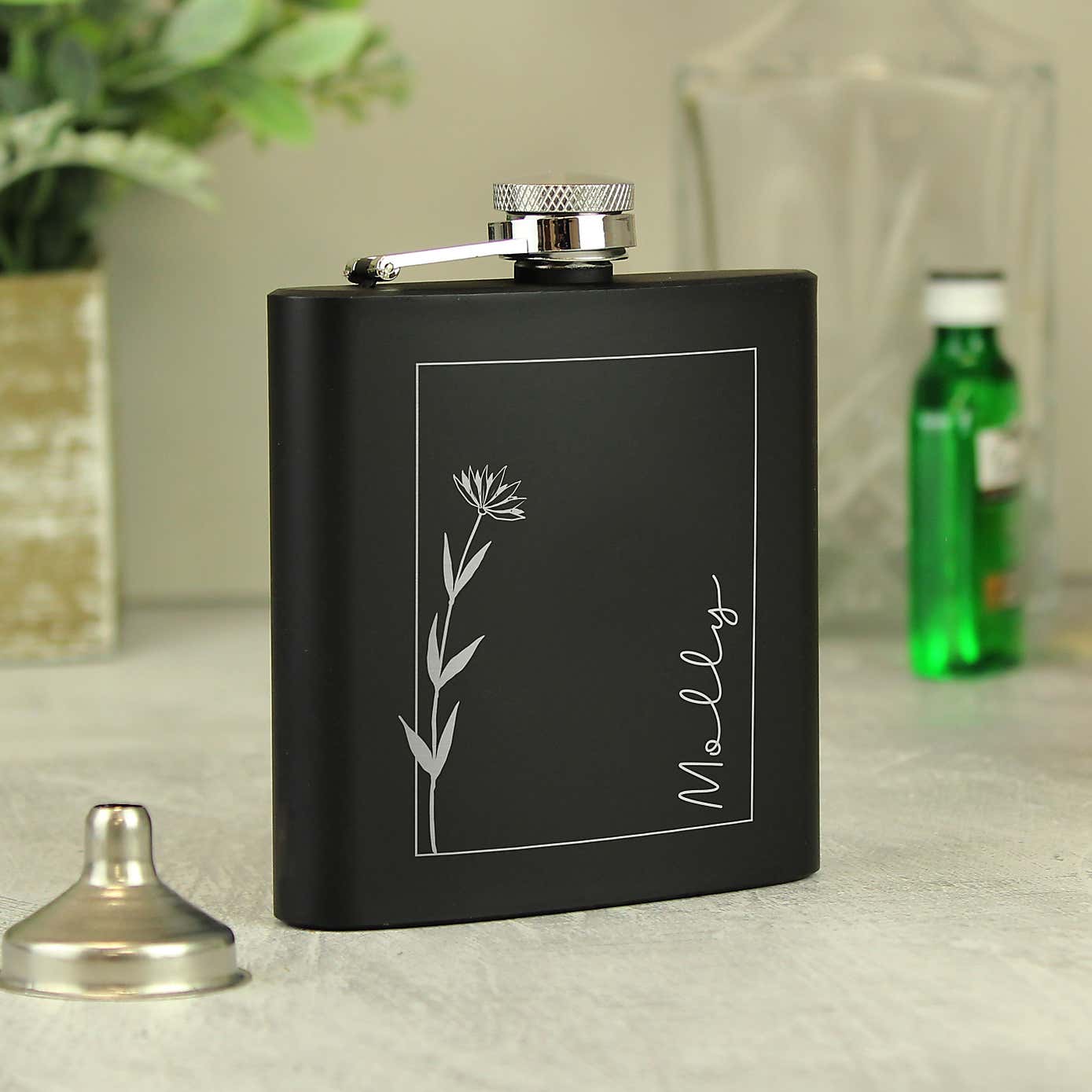 Personalised Floral Name Black Hip Flask