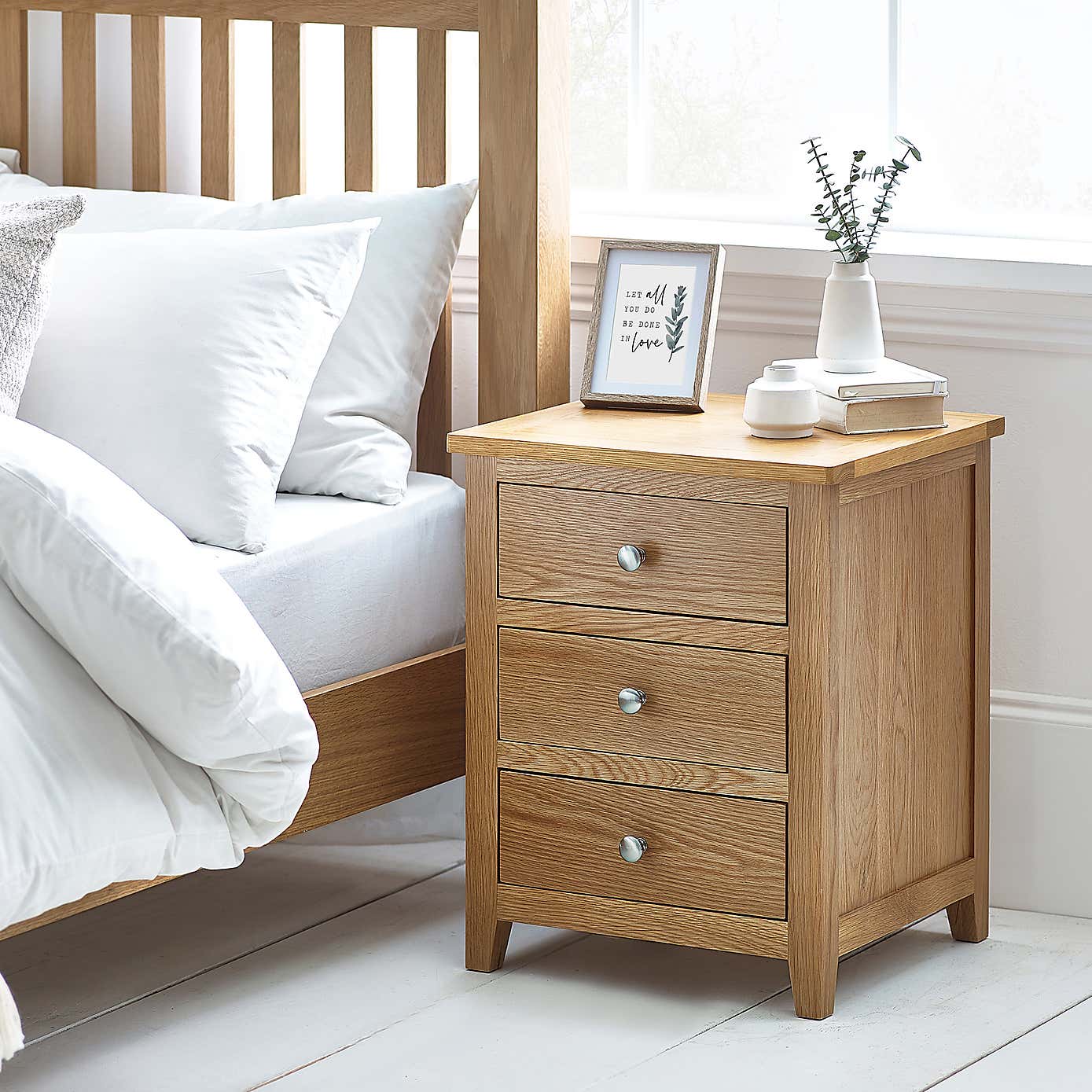 Jenkins 3 Drawer Bedside Table, Oak
