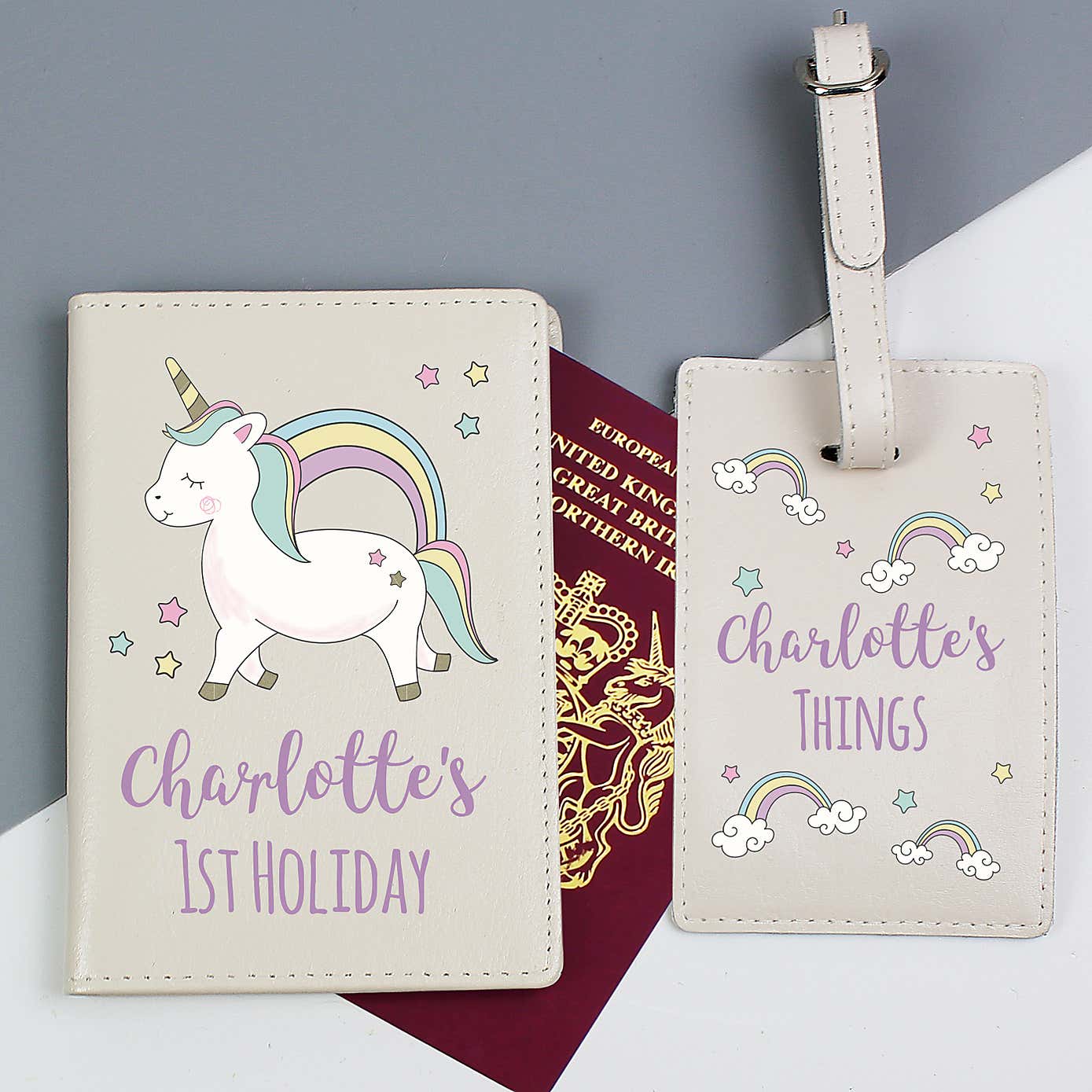 Personalised Baby Unicorn Passport Holder and Luggage Tag Set