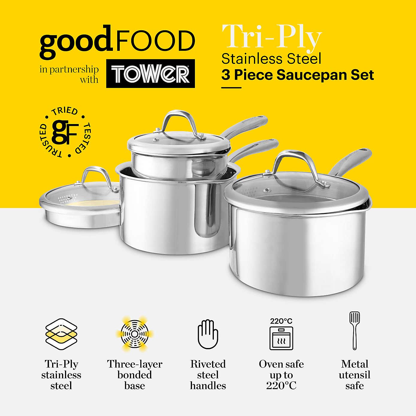 Good Food Tri Ply 3 Piece Saucepan Set