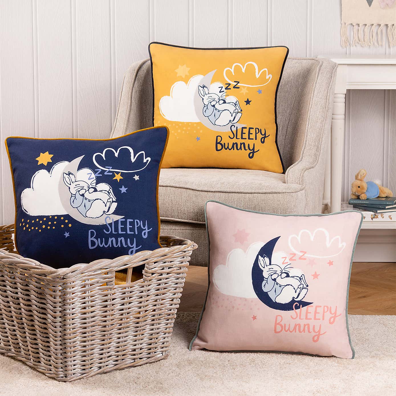 Peter Rabbit Sleepy Head Blue Cushion