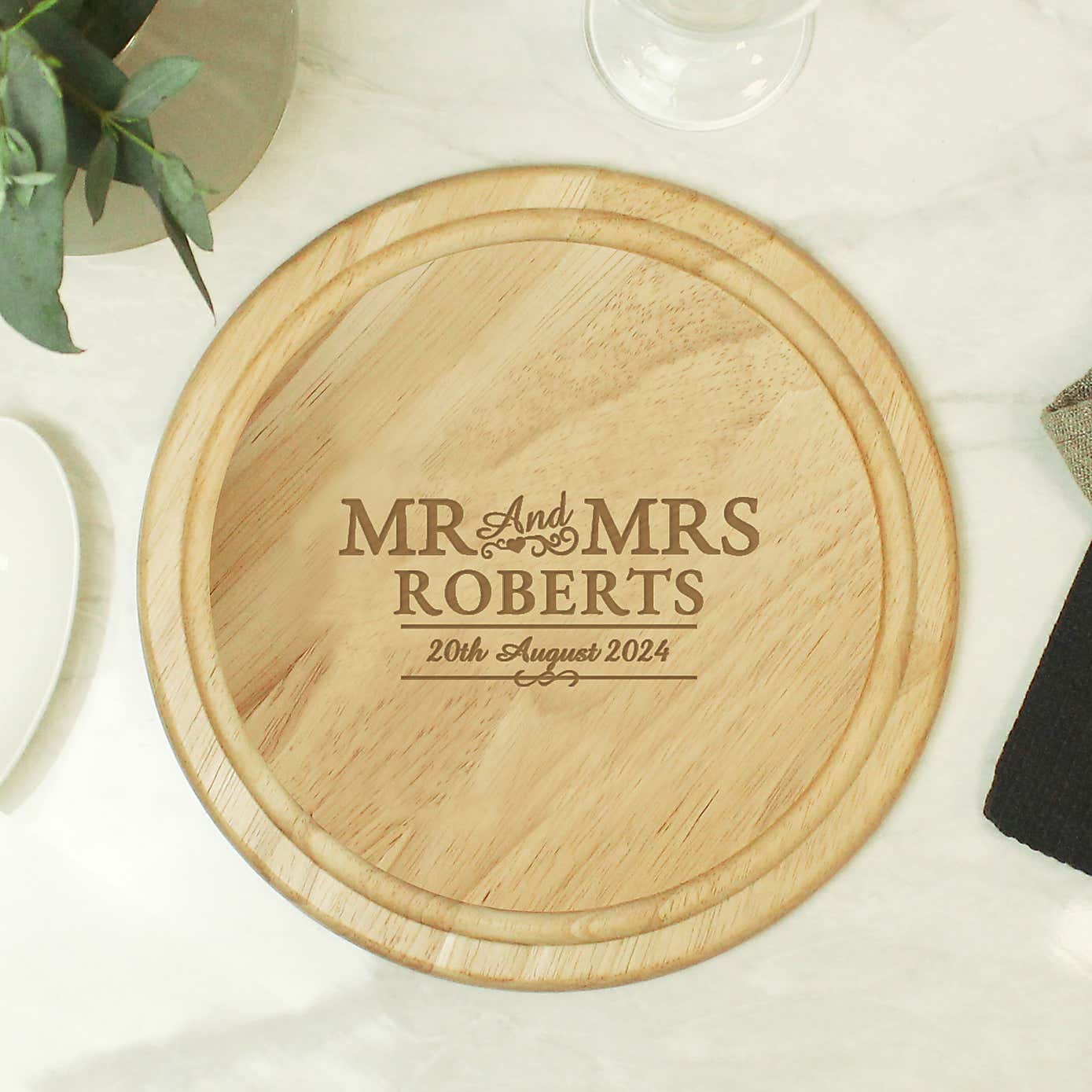 Personalised Mr and Mrs Round Chopping Board