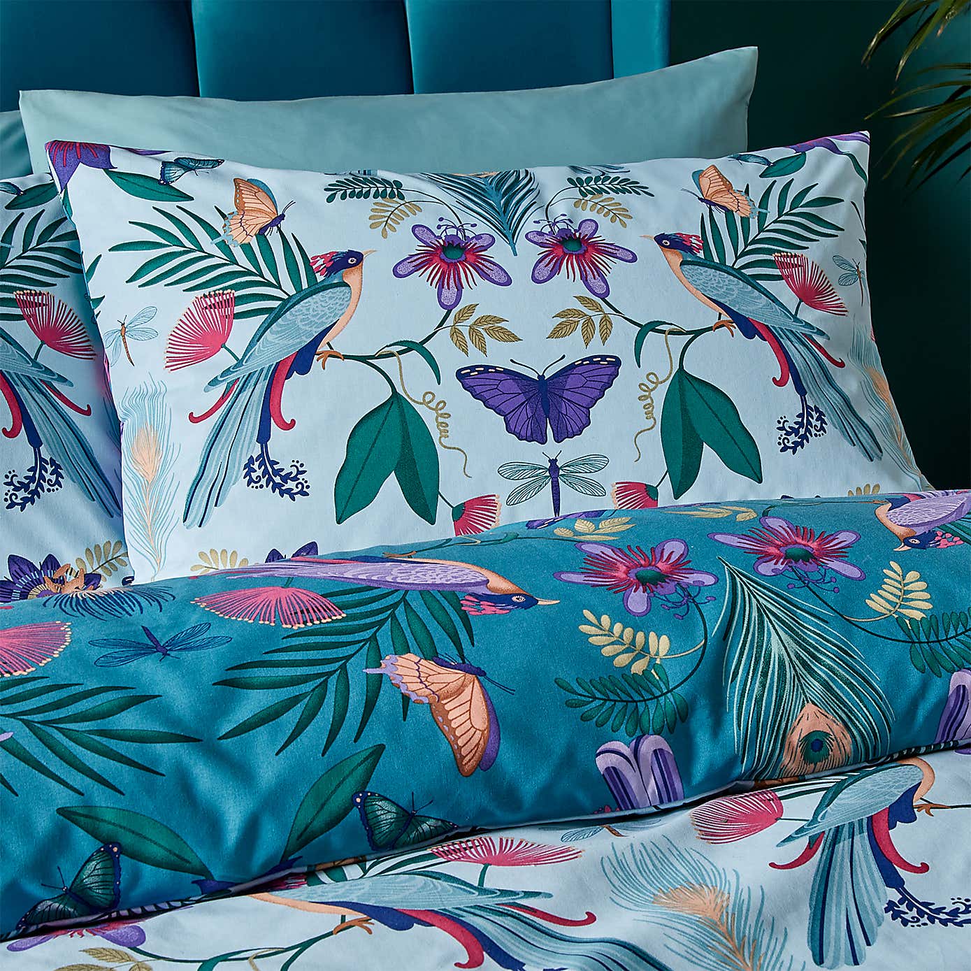 Catherine Lansfield Mya Tropical Floral Duck Egg Blue Duvet Cover and Pillowcase Set