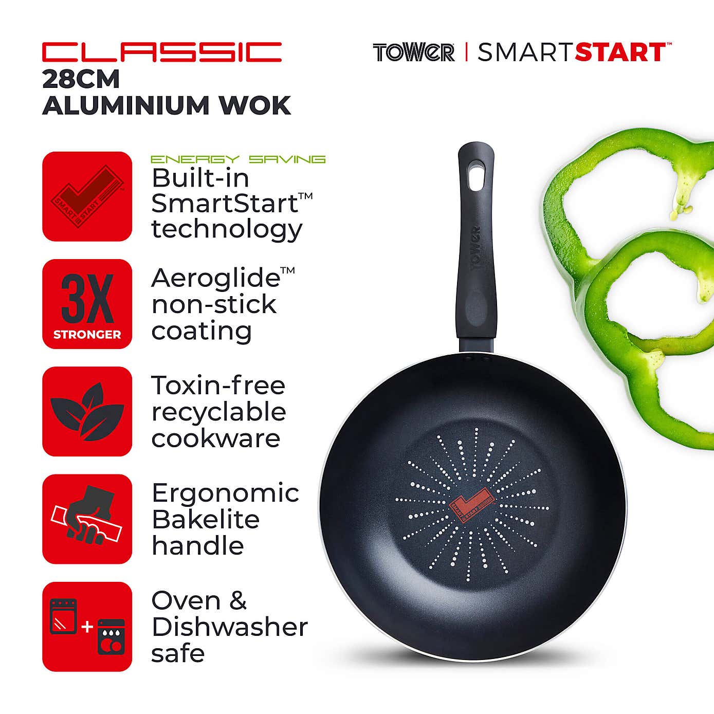 Tower Smart Start Classic Non-Stick Aluminium Wok, 28cm