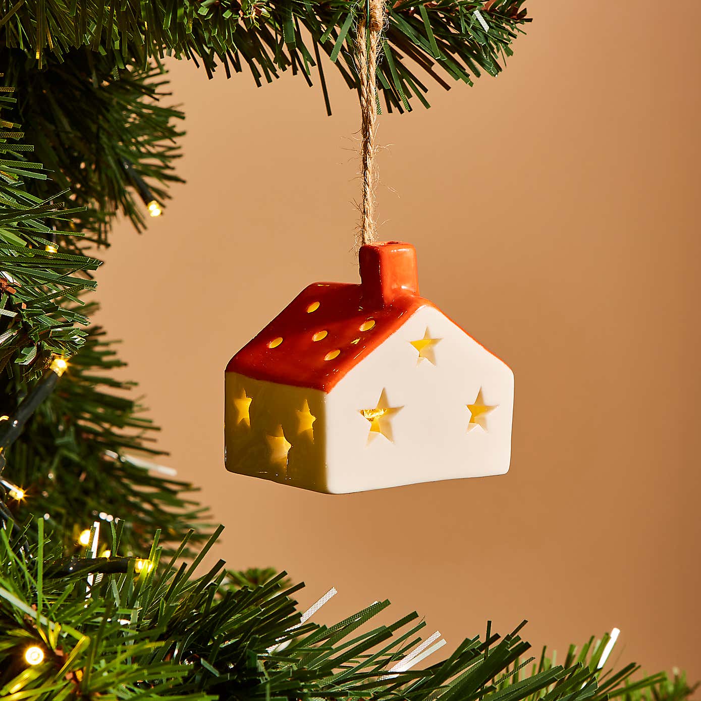 Light Up Orange & White House Ceramic Hanging Decoration