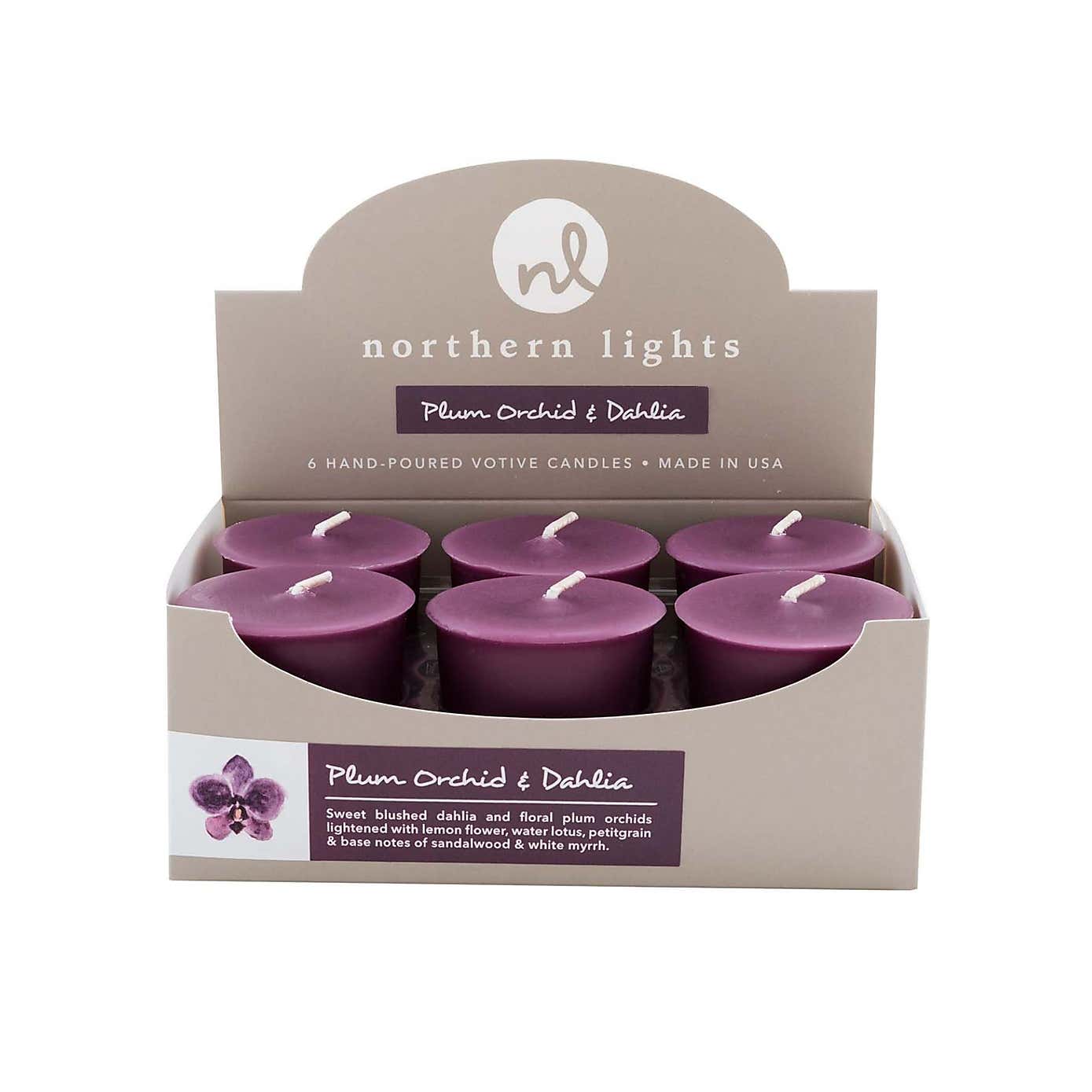 Northern Lights Plum Orchid and Dahlia Pack of 6 Votive Candles
