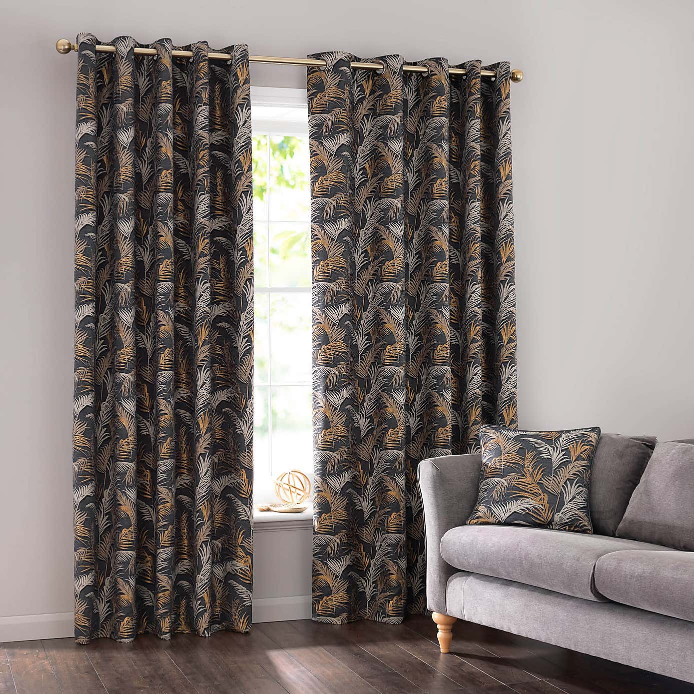 Palm Charcoal Eyelet Curtains