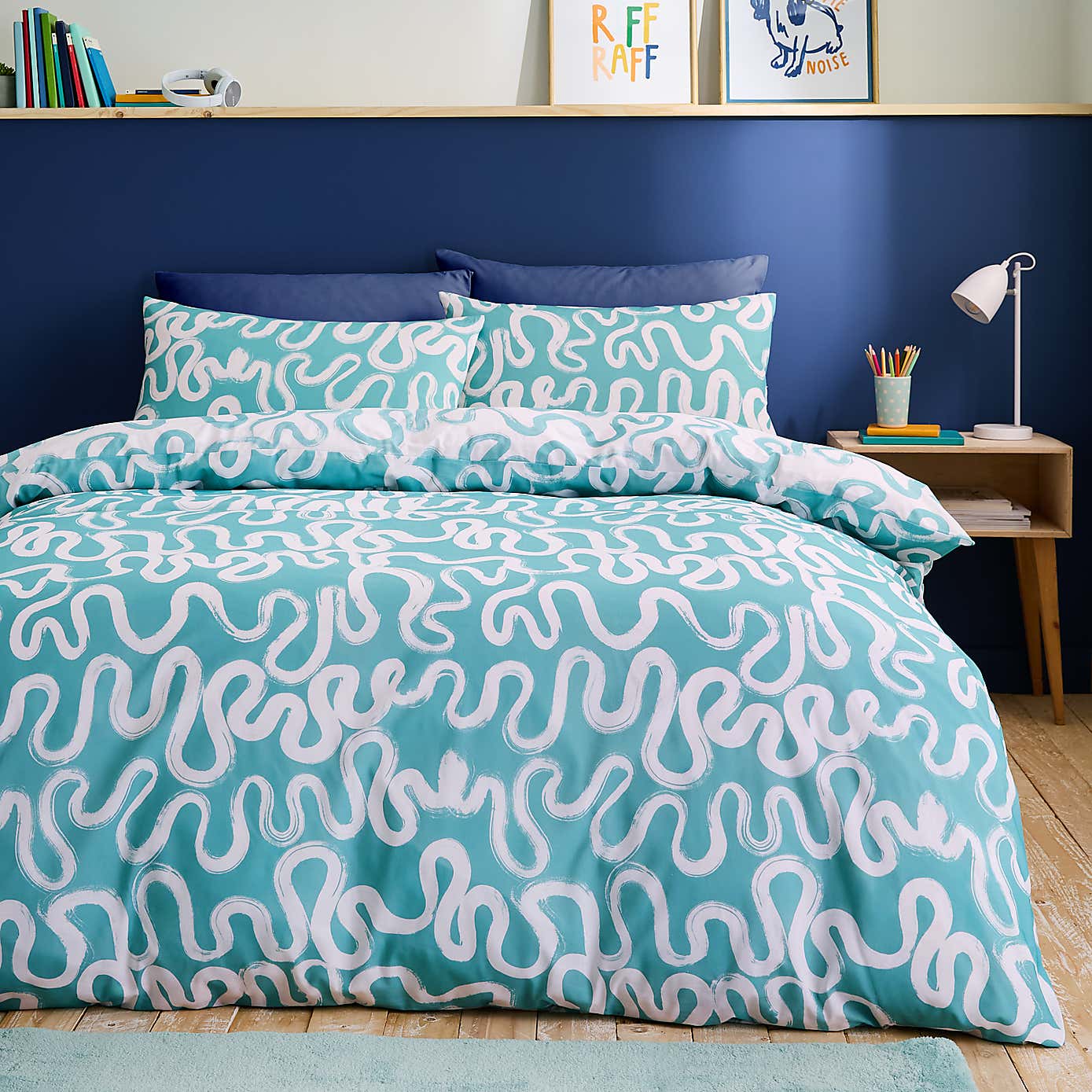 Aqua Doodle Reversible Duvet Cover and Pillowcase Set