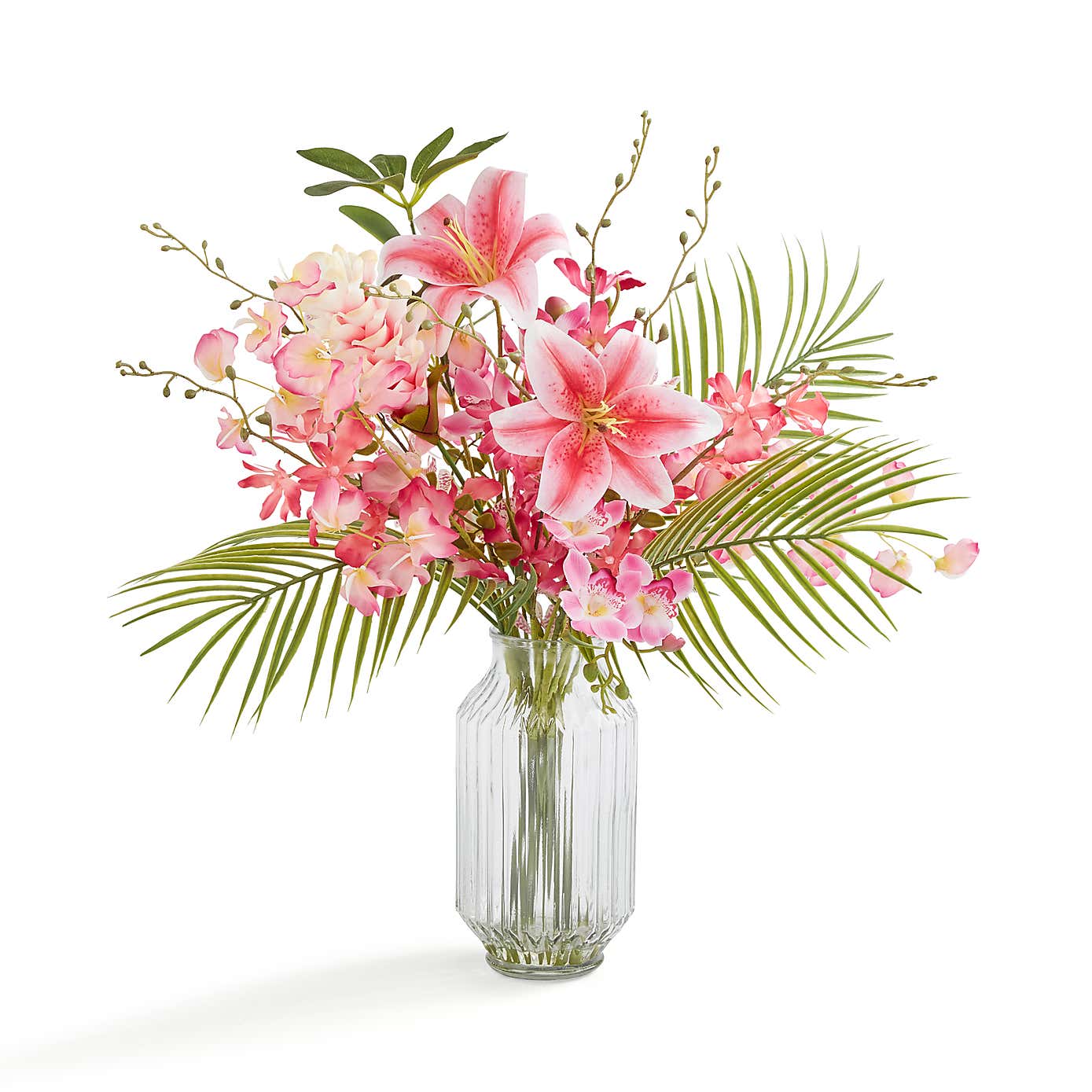 Artificial Orchid & Fern Bouquet in Ribbed Glass Vase