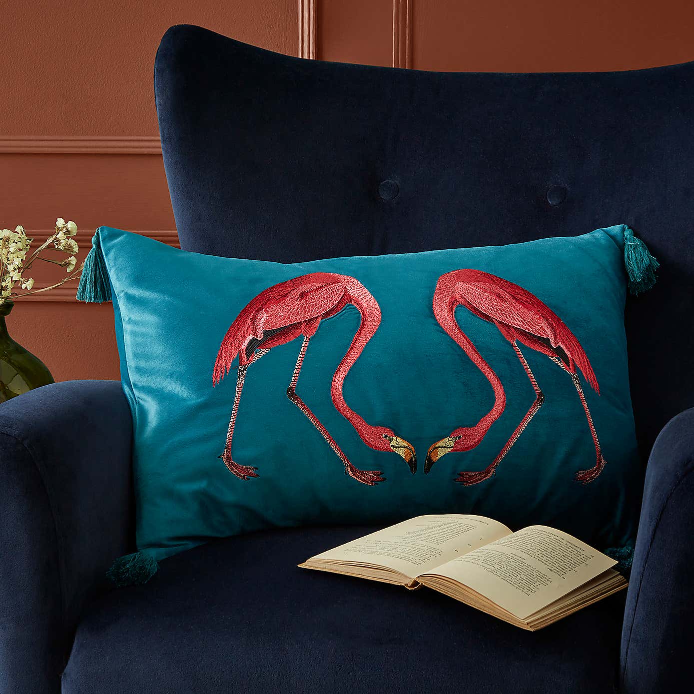 Flamingo Teal Embroidered Cushion