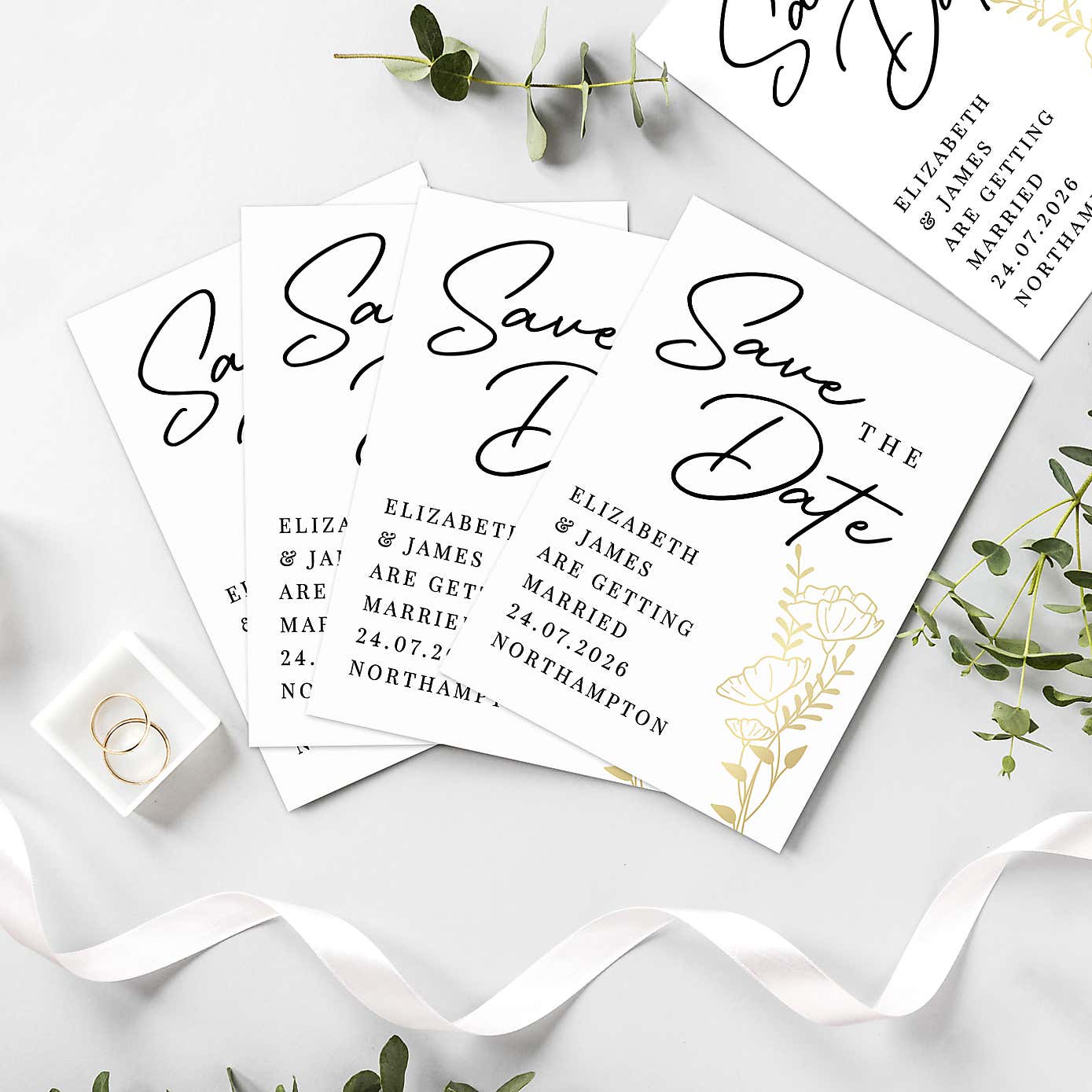 Pack of 36 Personalised Gold Floral Save the Date Cards