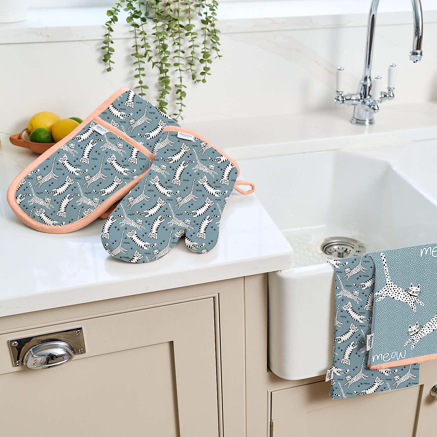 Dexam Meow Blue Cotton Double Oven Gloves