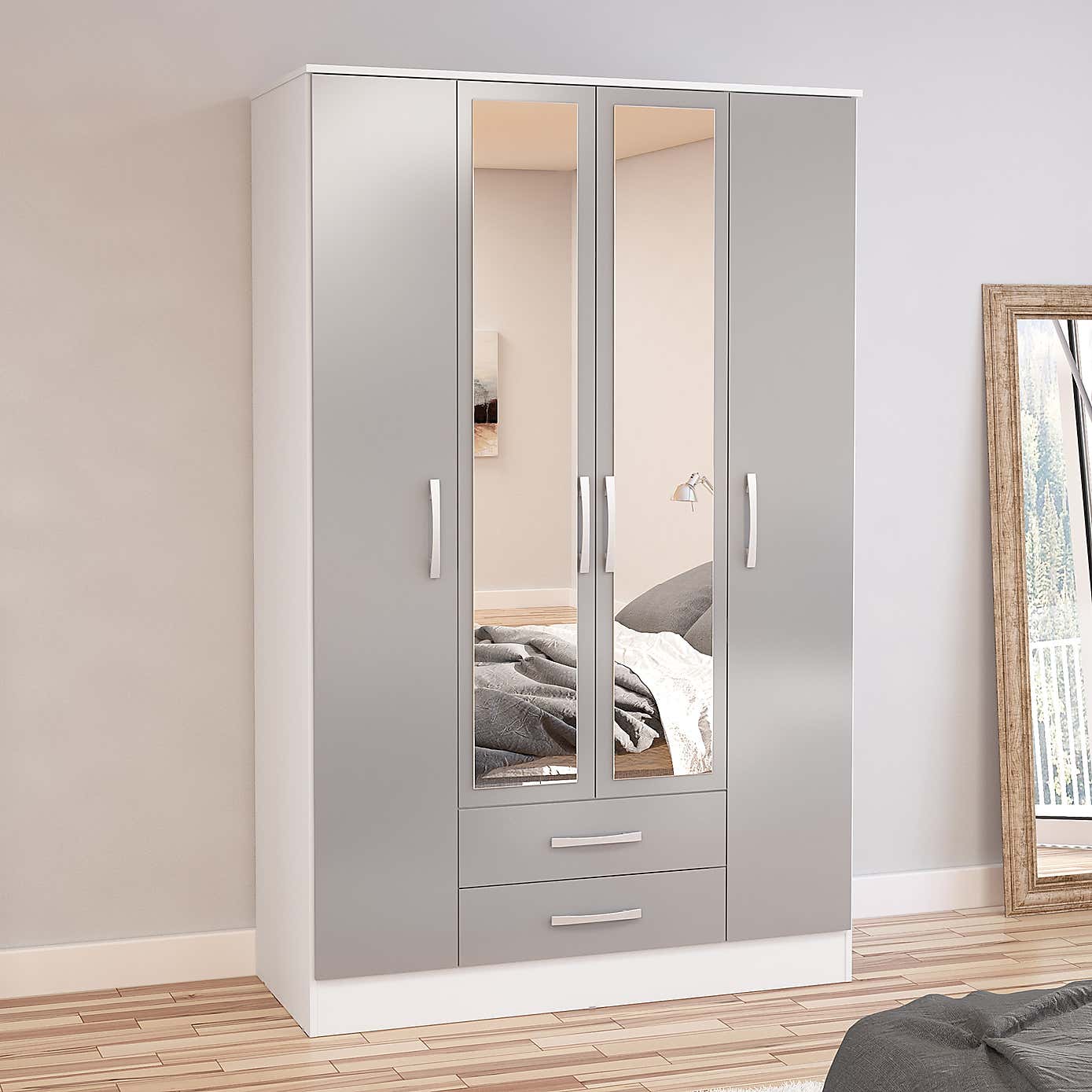 Lynx Grey 4 Door Mirrored Wardrobe
