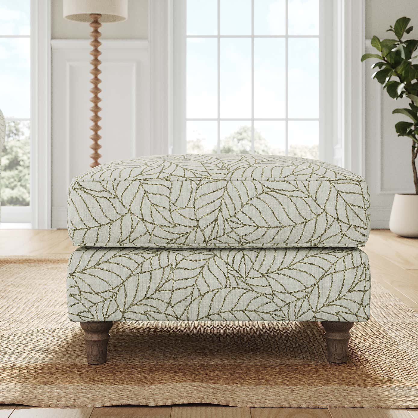 Flori Footstool, Leaf Print Fabric