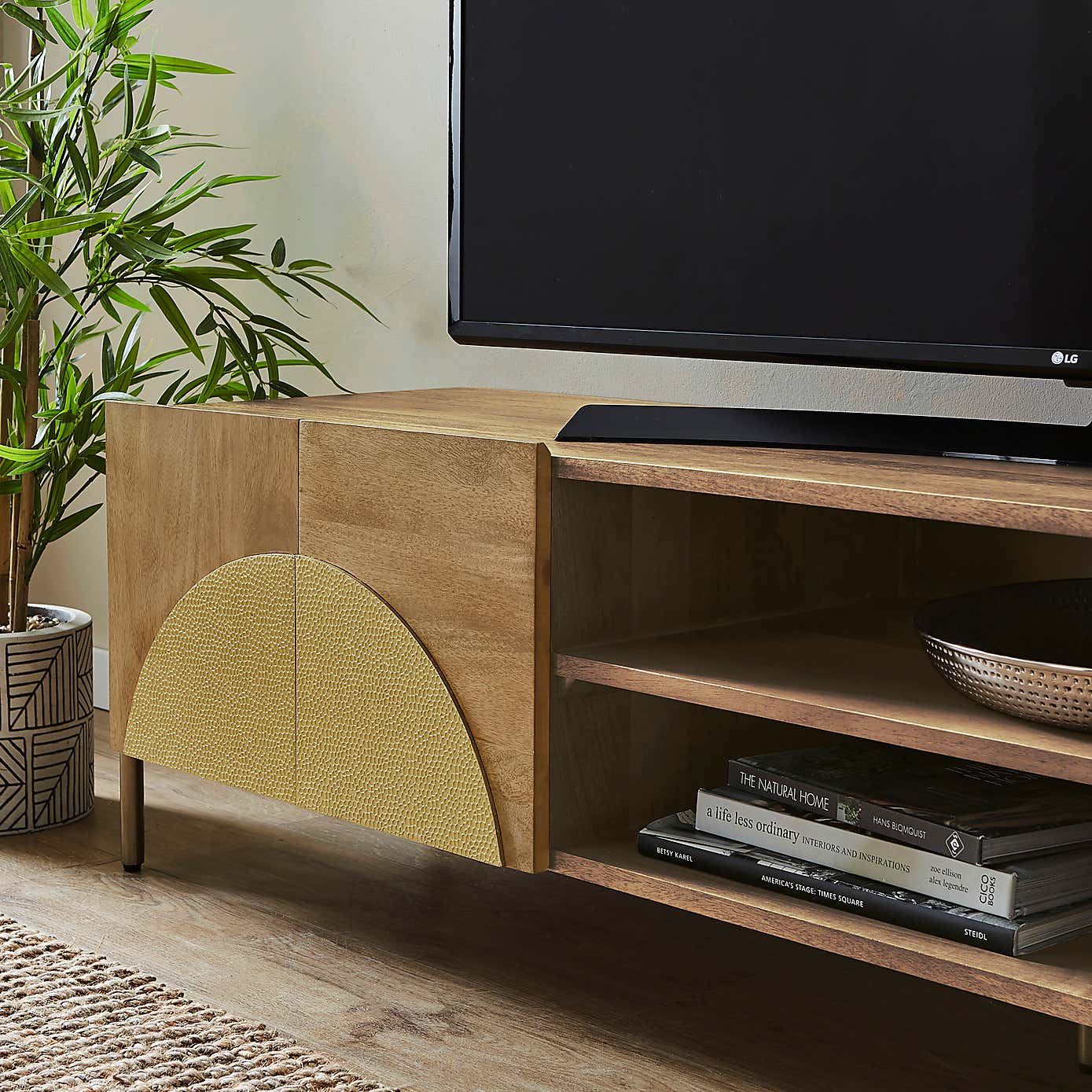 Zaneta Extra Wide TV Unit for TVs up to 80", Mango Wood and Brass