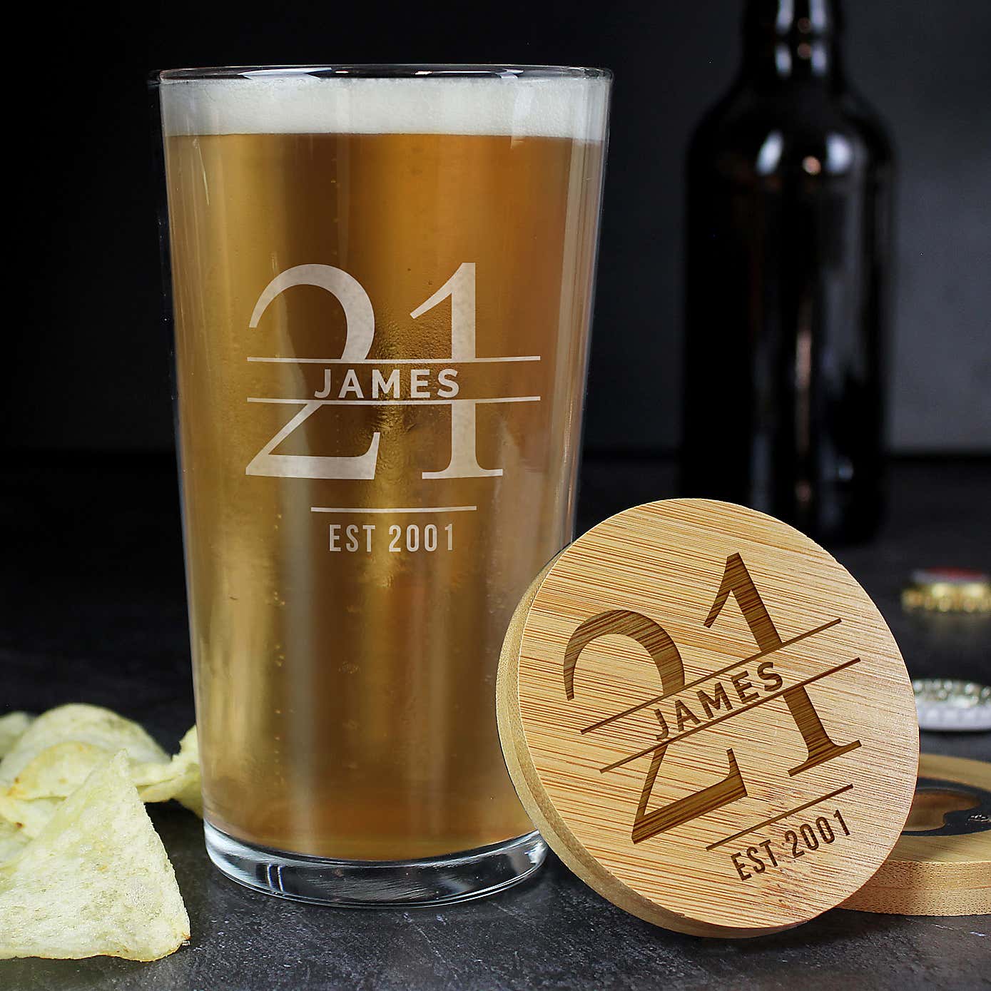 Personalised Birthday Bamboo Bottle Opener Coaster and Pint Glass Set