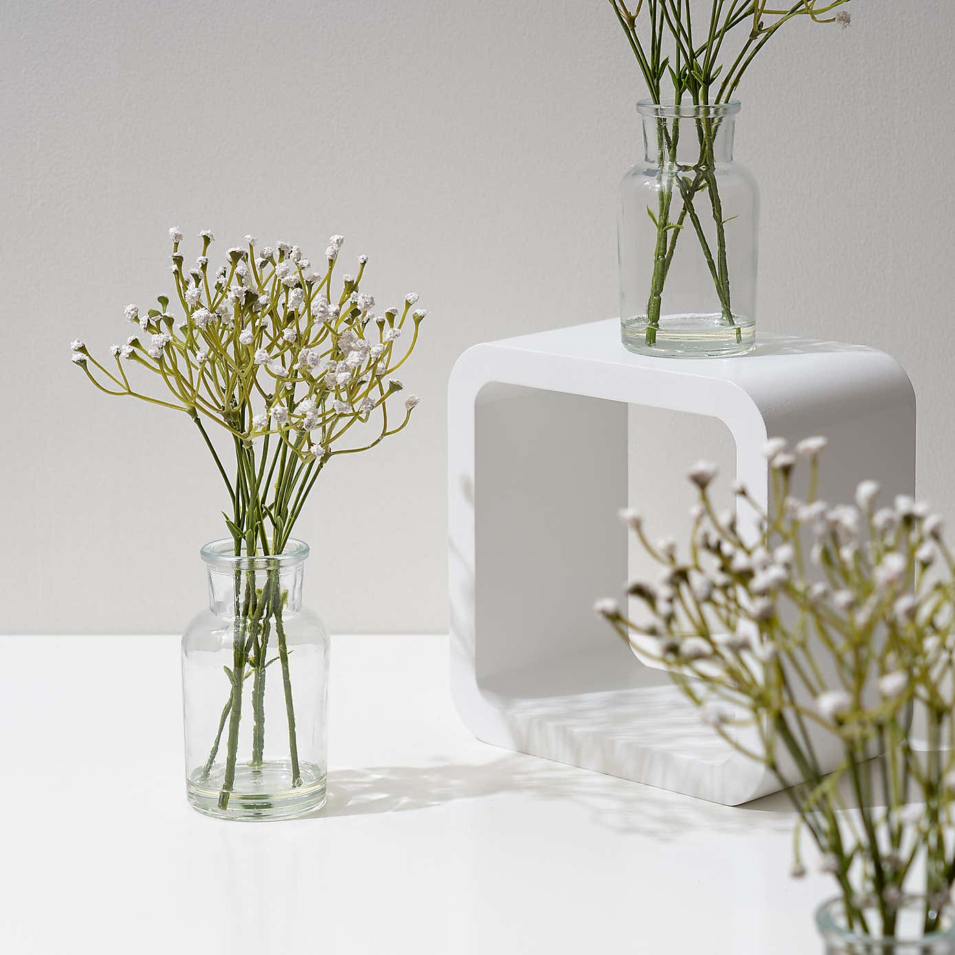 Set of 3 Artificial Gypsophila Bundles in Glass Bottle Vases