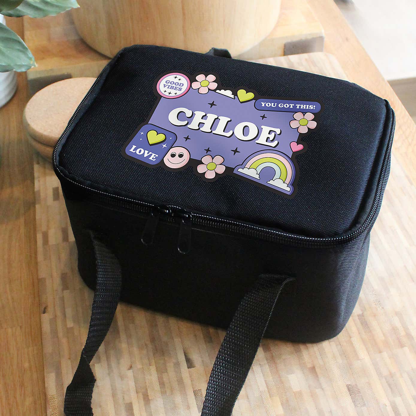 Personalised Black Good Vibes Lunch Bag